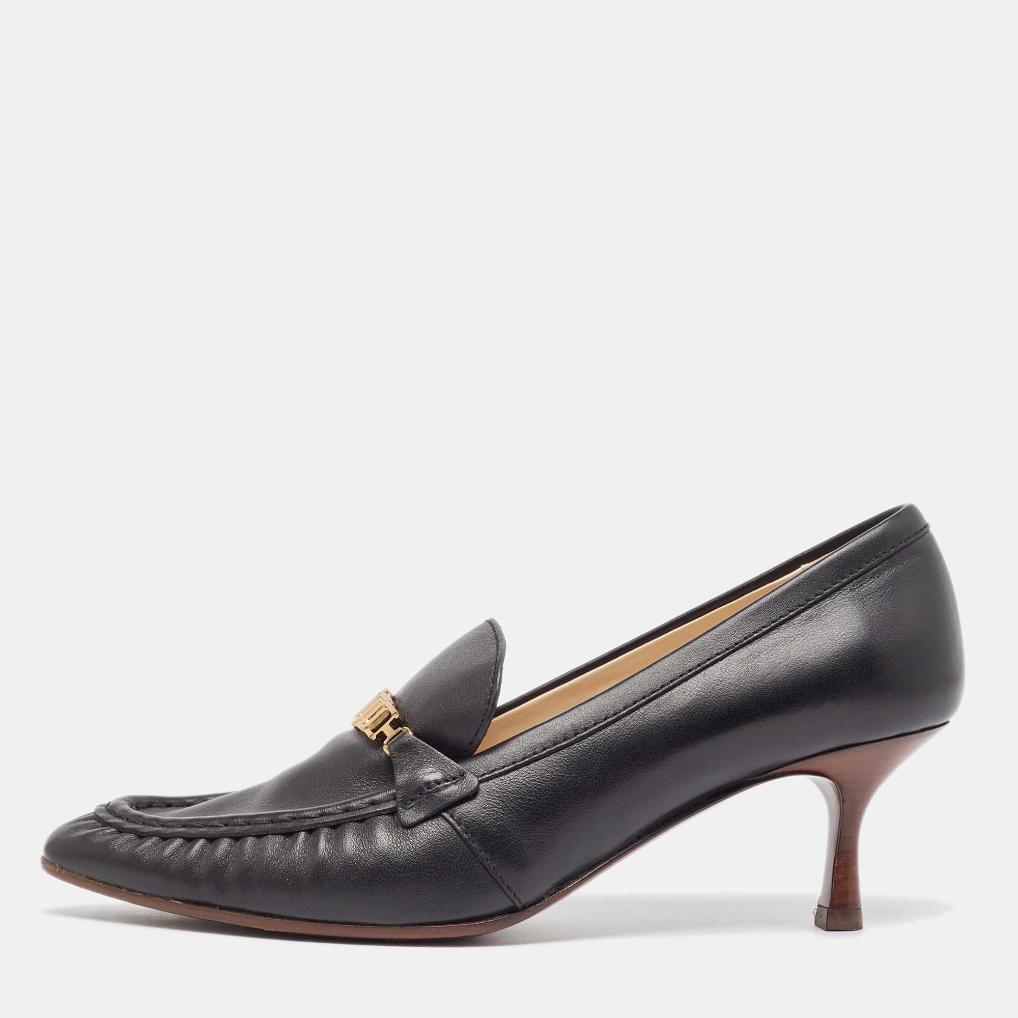 Pre Owned Tod's Black Leather Loafer Pumps Size 39.5