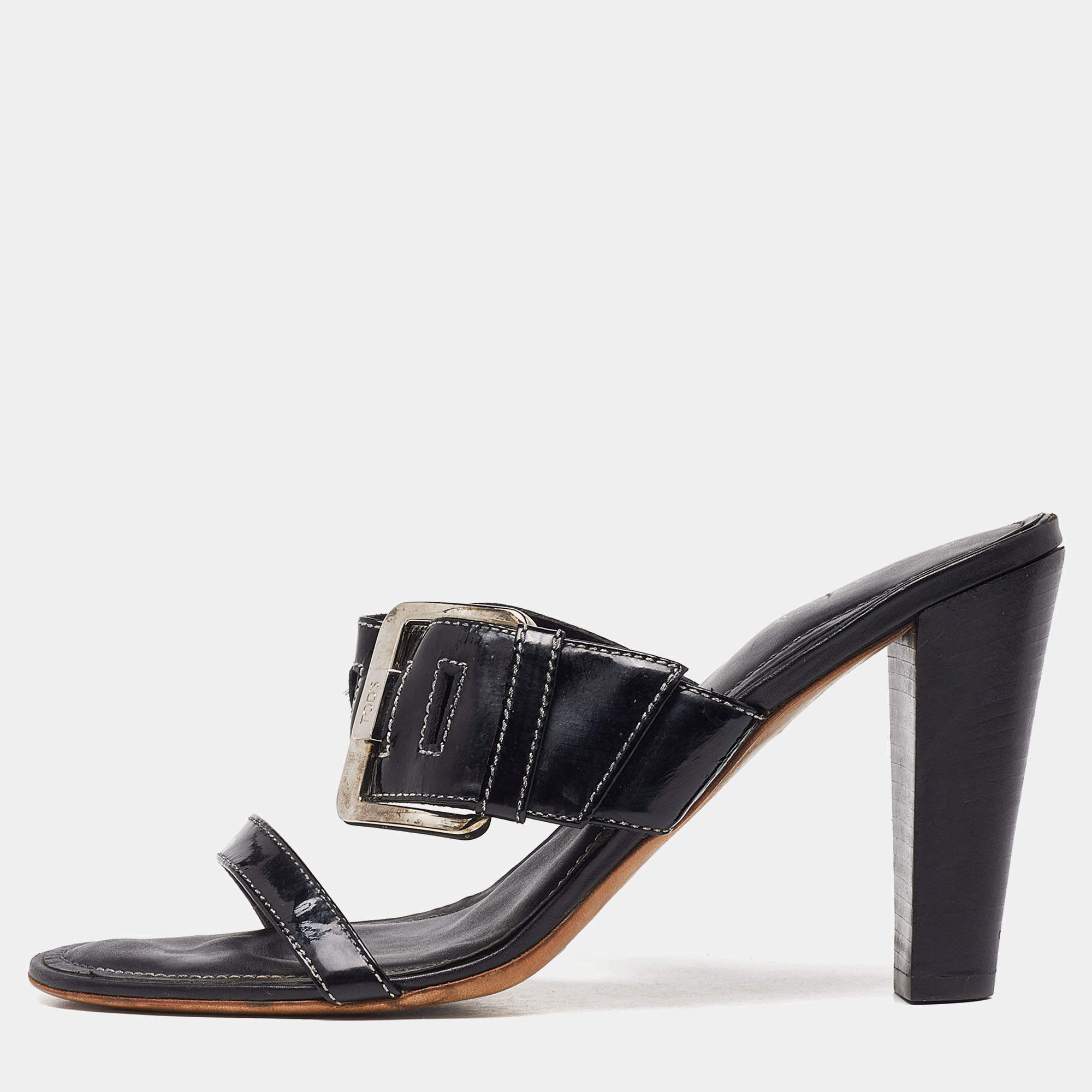 Tod's Black Patent Leather Buckle Detail Open Toe Sandals Size 40