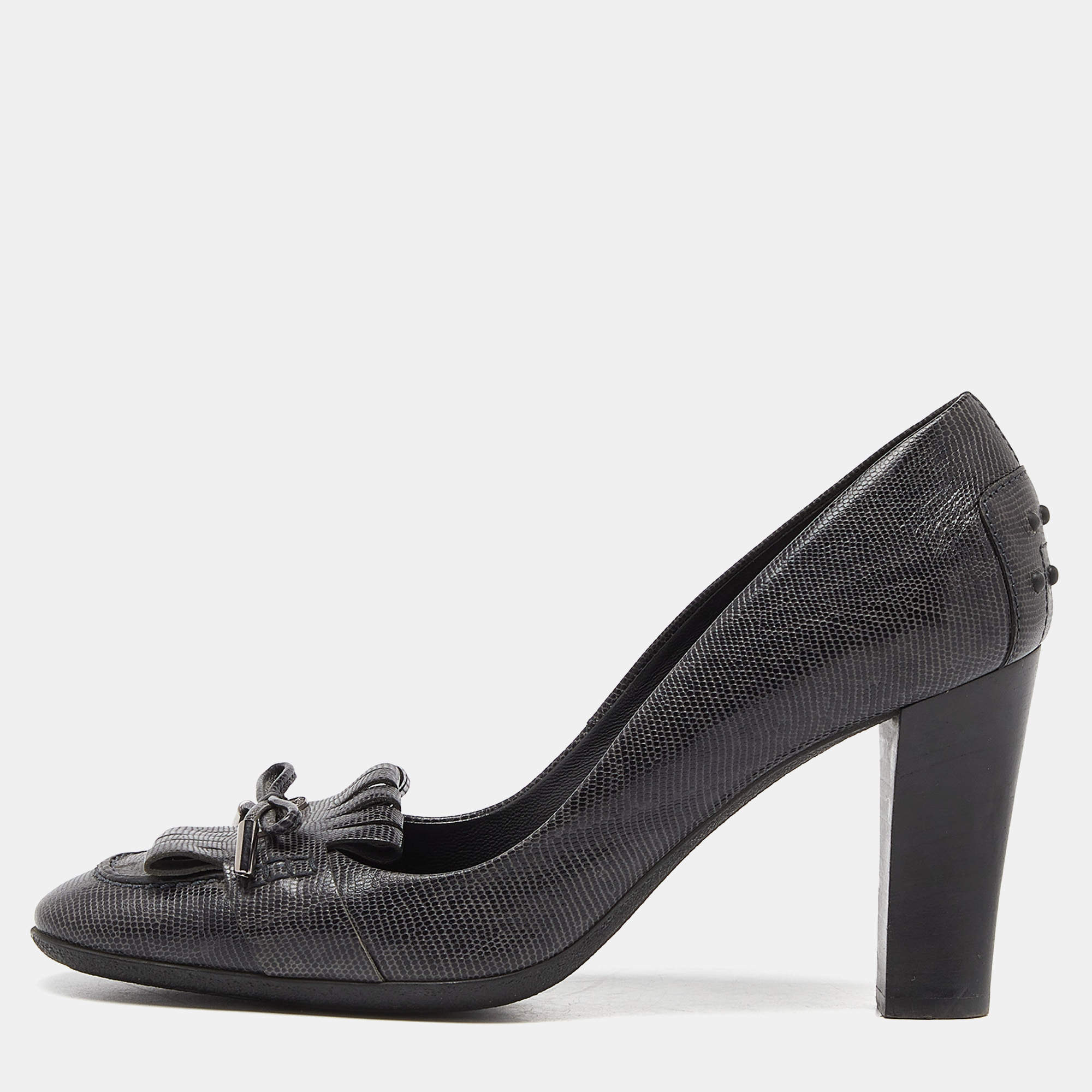 Pre Owned Tod's Grey Leather Fringe Detail Pumps Size 39.5