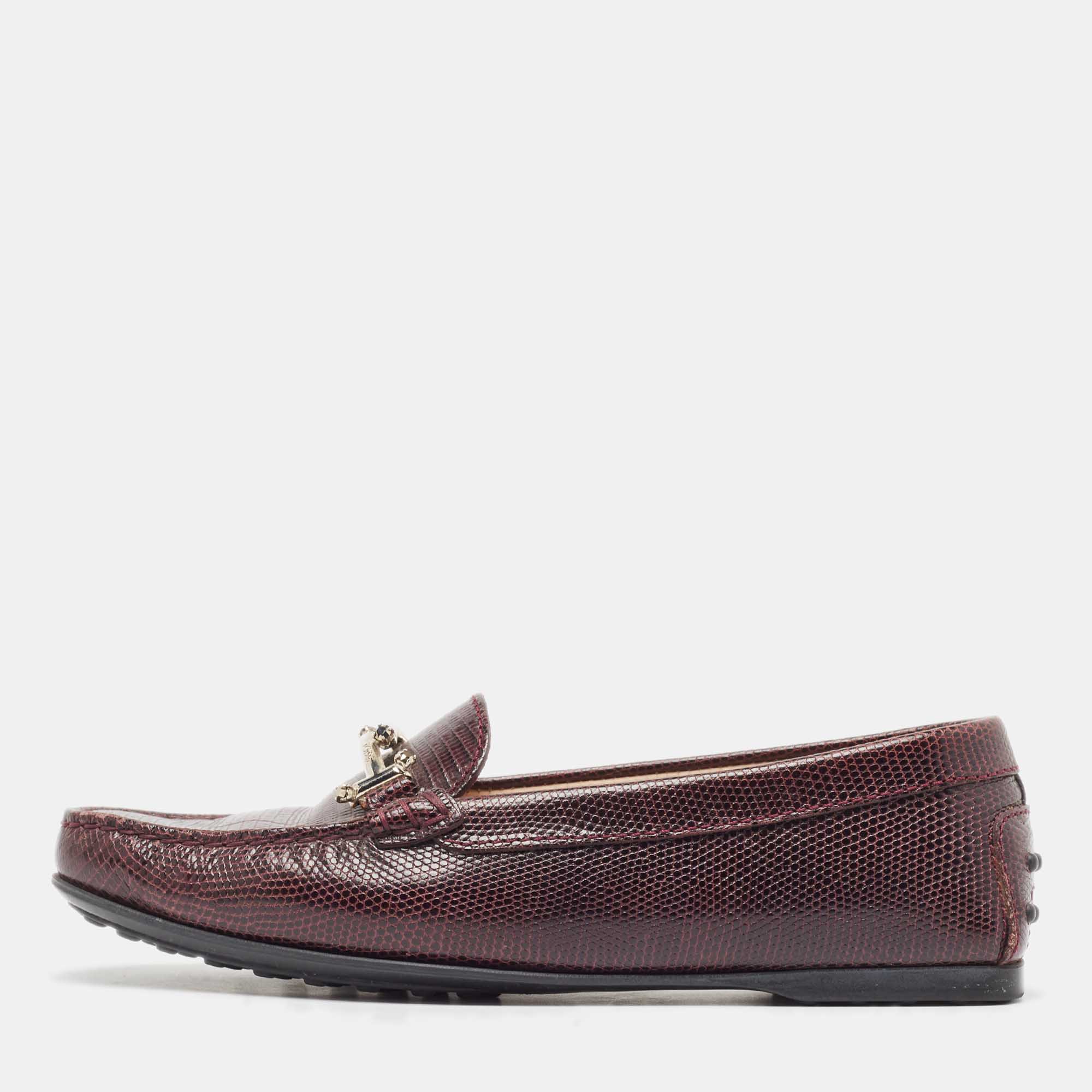 Tod's Burgundy Embossed Lizard Double T Loafers Size 37