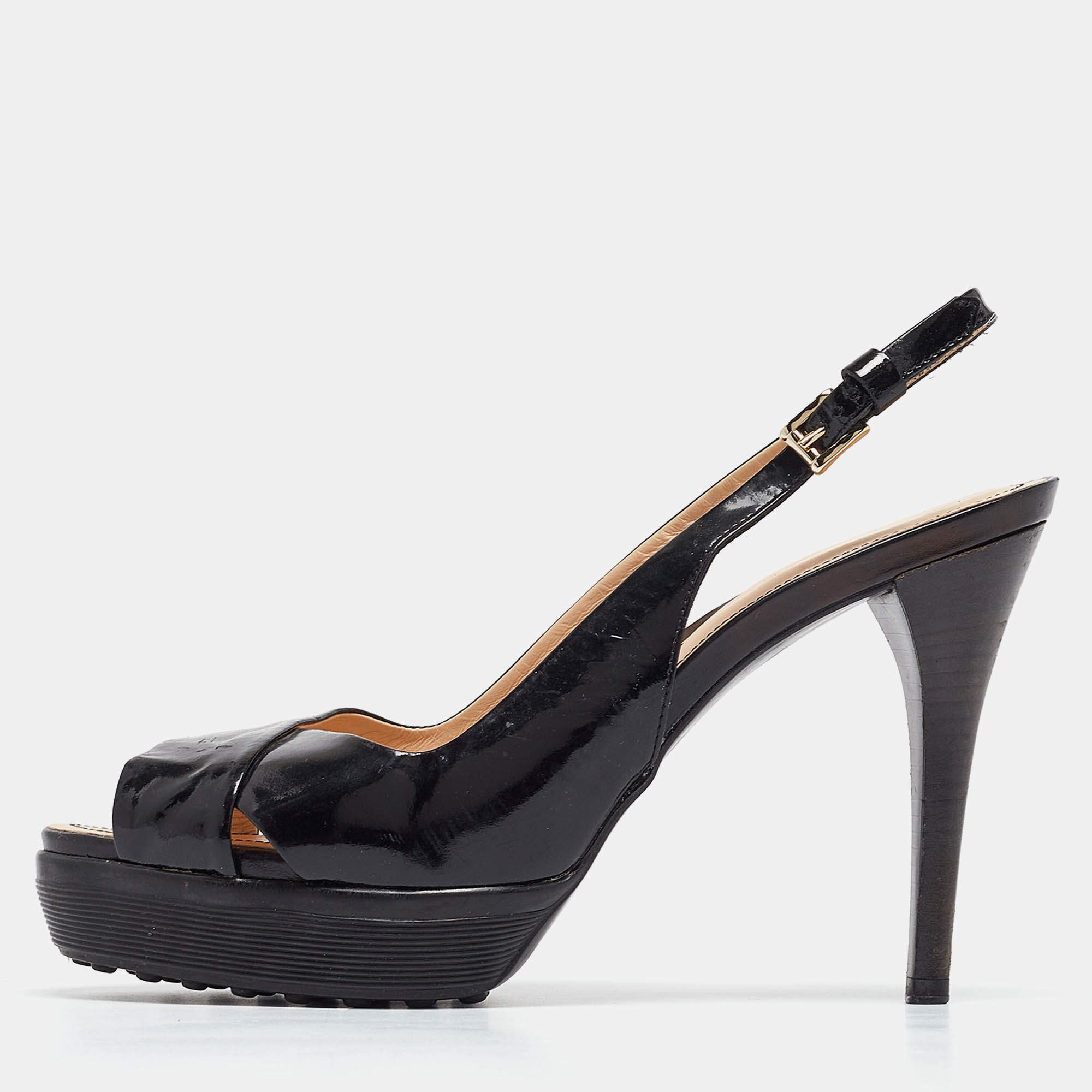 Tod's Black Patent Leather Criss Cross Platform Slingback Sandals Size 38.5