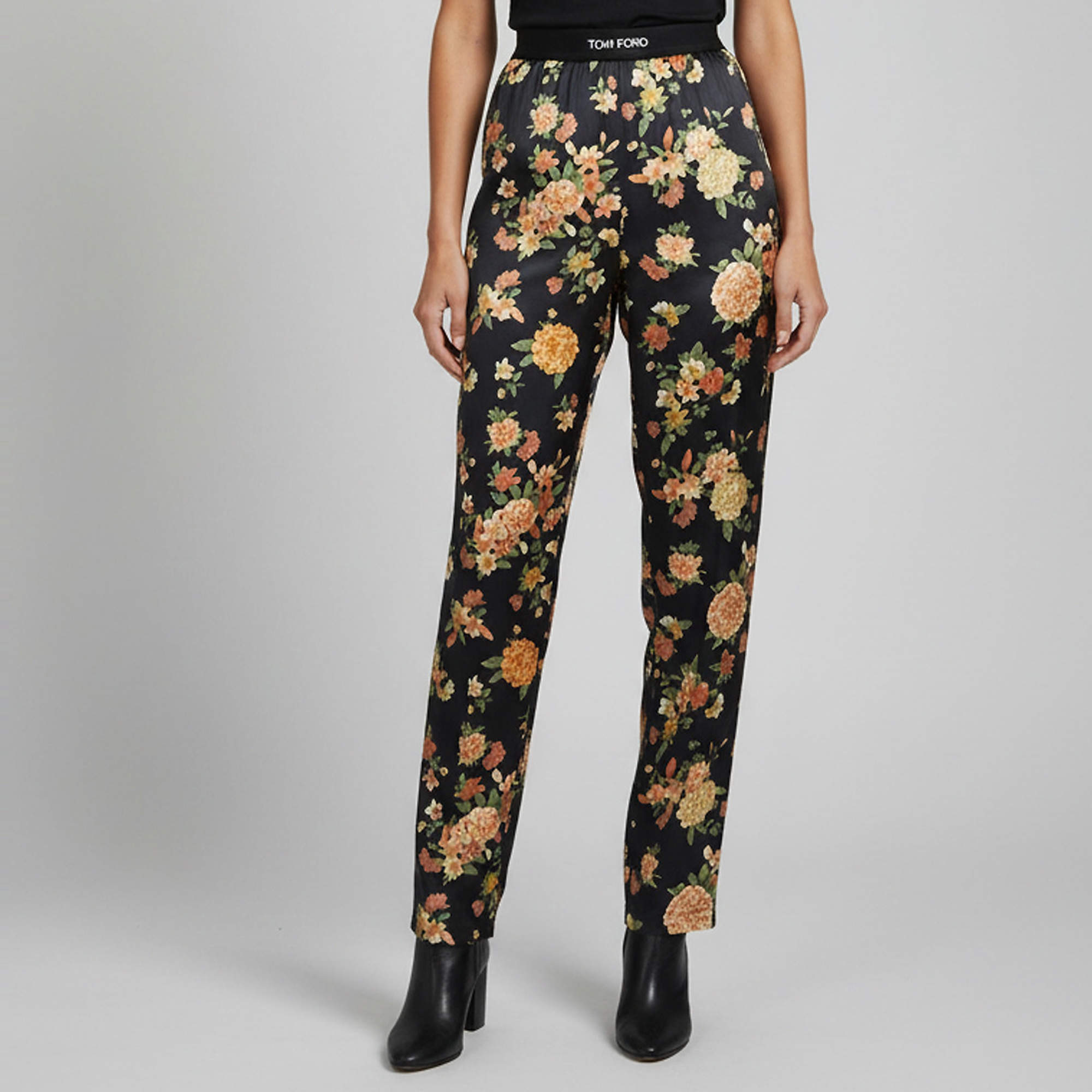 Pre Owned Tom Ford Black Logo Patch Floral Print Satin Hendrix PJ Pants M