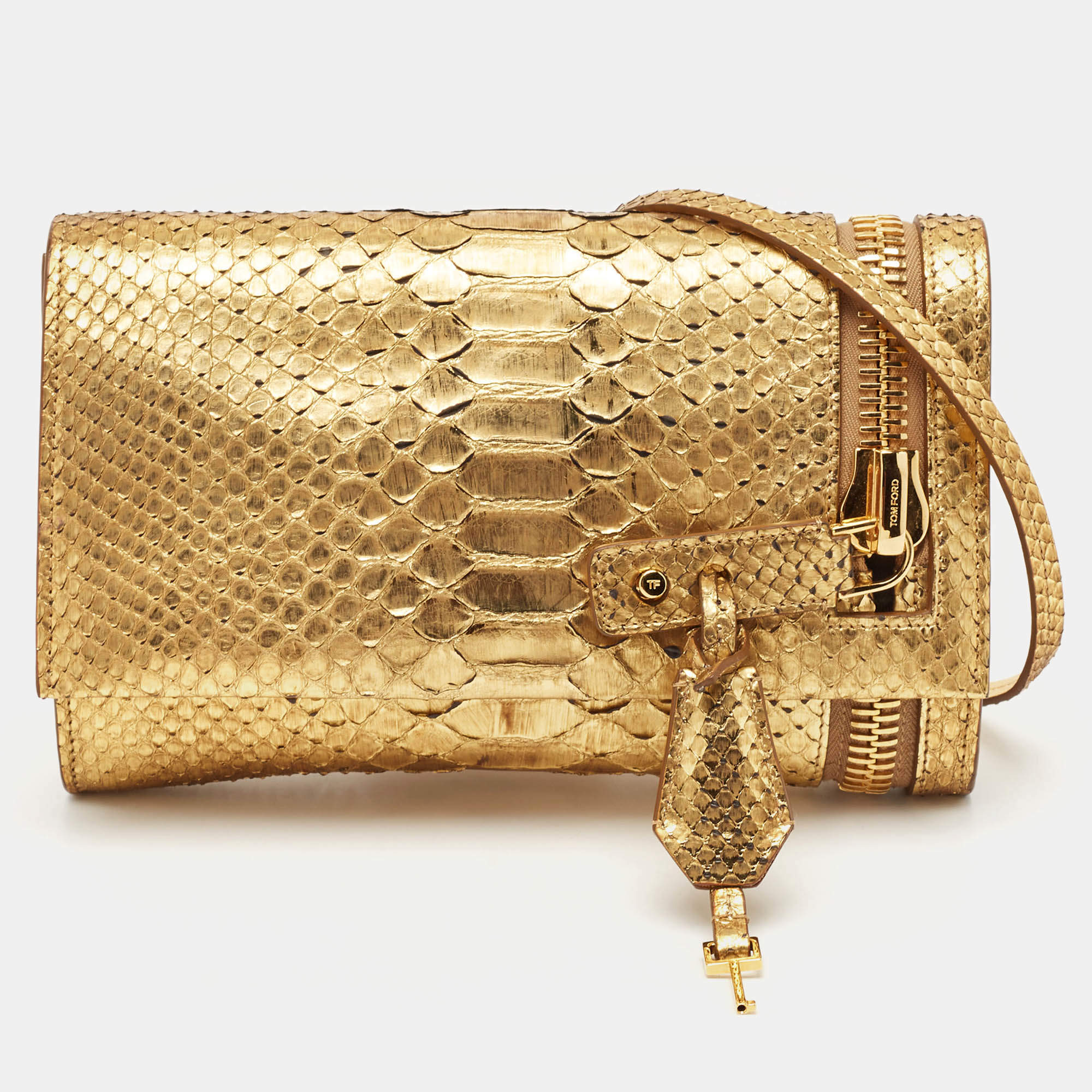 Tom Ford Gold Python Alix Zip and Padlock Crossbody Bag