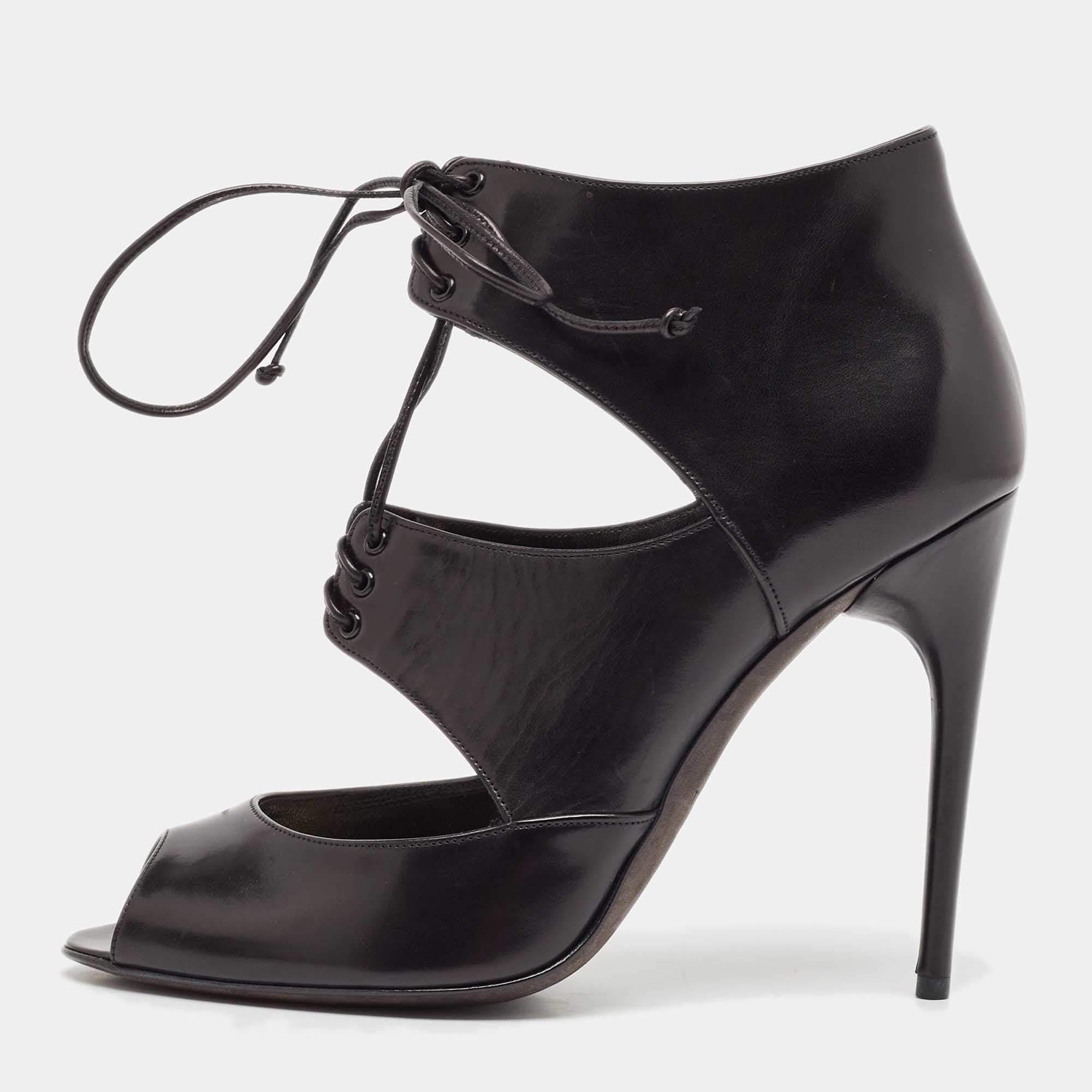 Tom Ford Black Leather Cut Out Peep Toe Ankle Booties Size 39.5