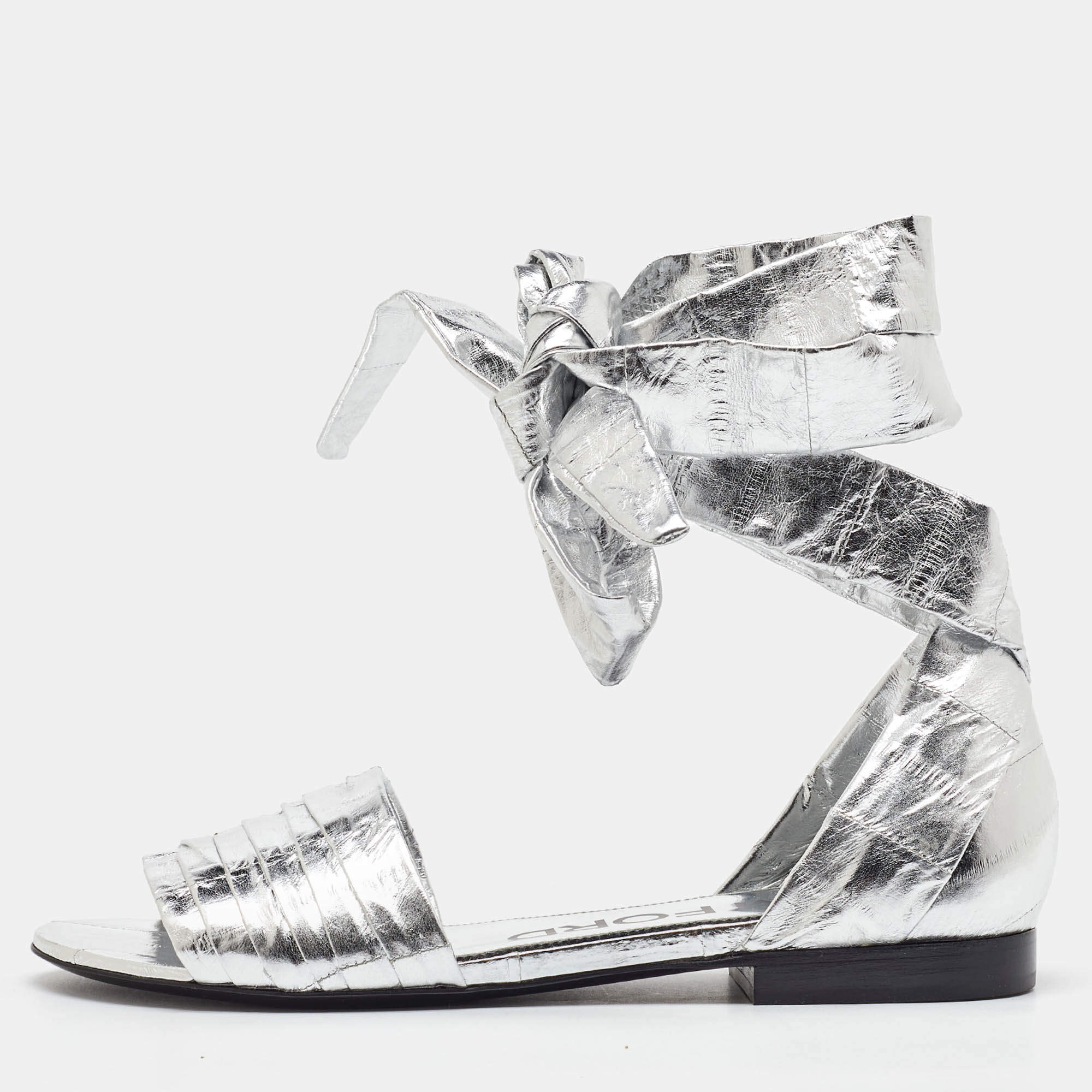 Tom Ford Silver Laminated Leather Ankle Wrap Flat Sandals Size 37