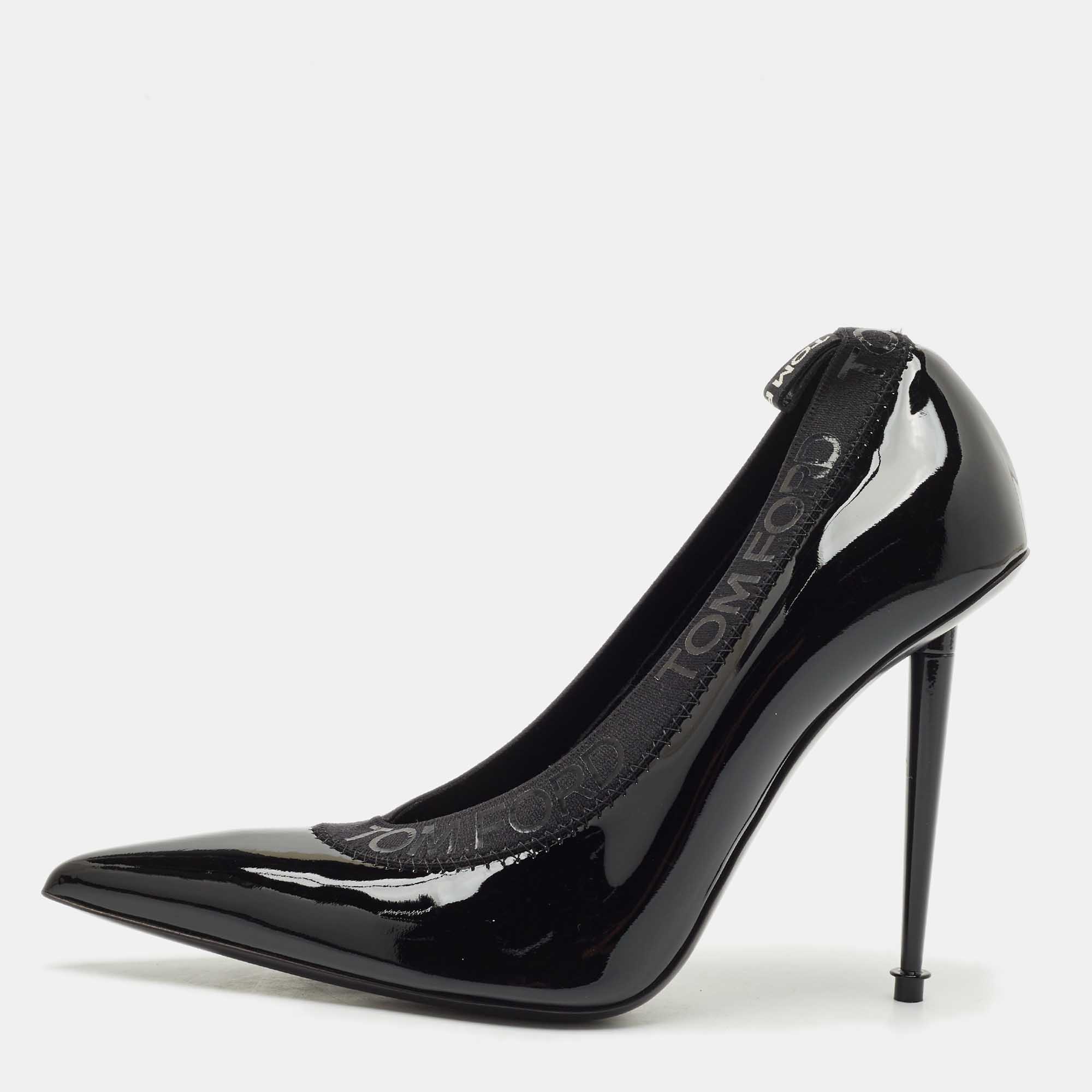Pre Owned Tom Ford Black Elastic and Patent Leather Pointed Toe Pumps Size 37.5