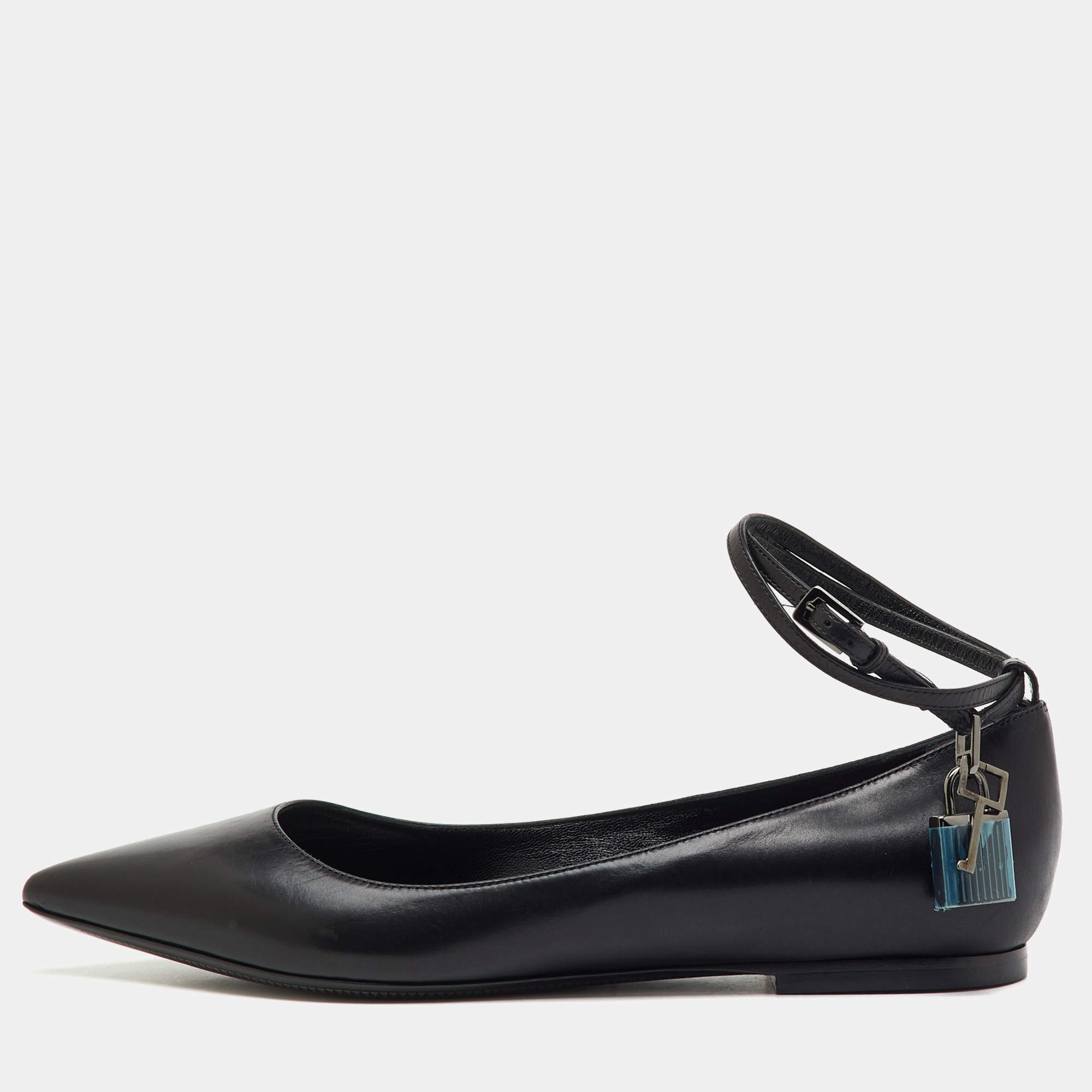 Pre Owned Tom Ford Black Leather Ankle Wrap Lock Ballet Flats Size 37