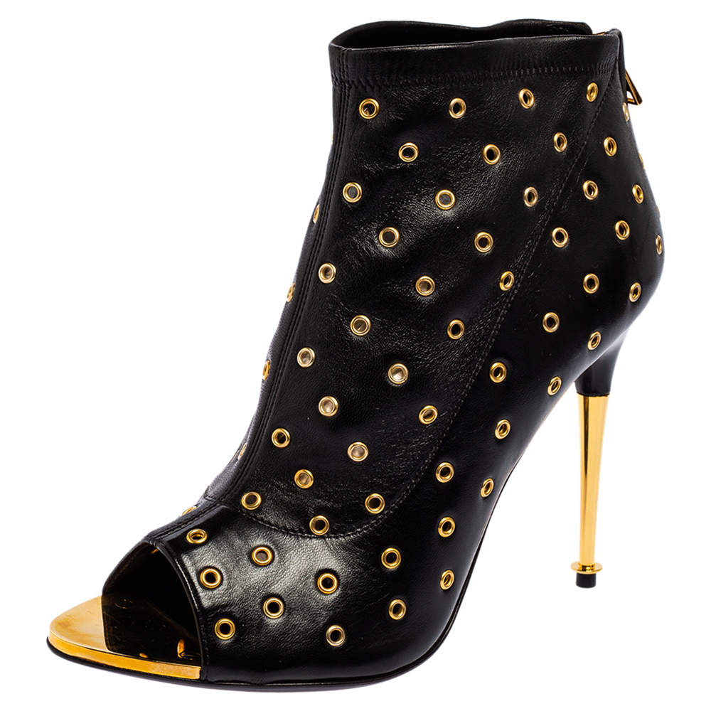 Tom Ford Black Leather Grommet Open Toe Ankle Boots Size 38.5