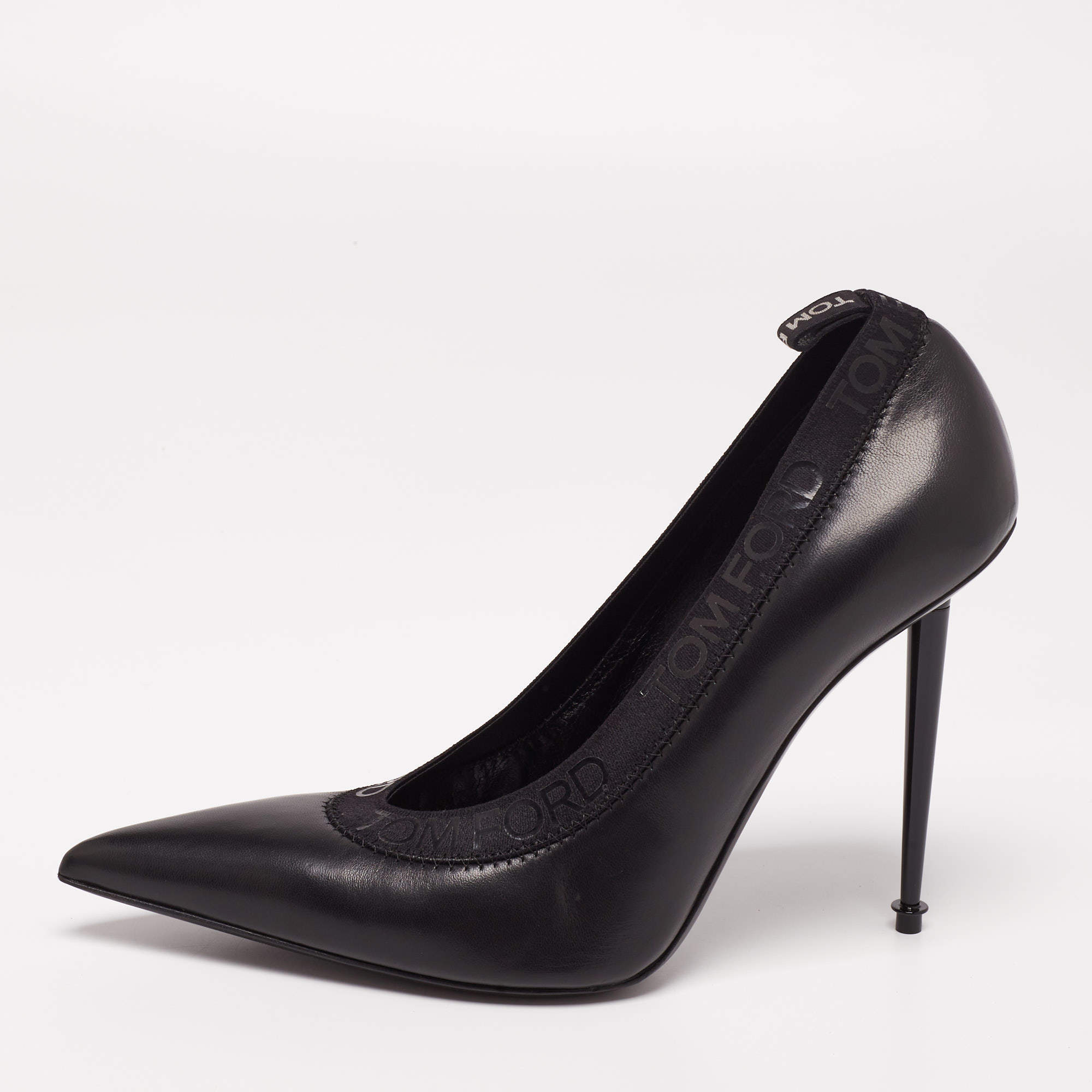 Tom Ford Black Leather and Elastic Logo Pointed Toe Pumps Size 41
