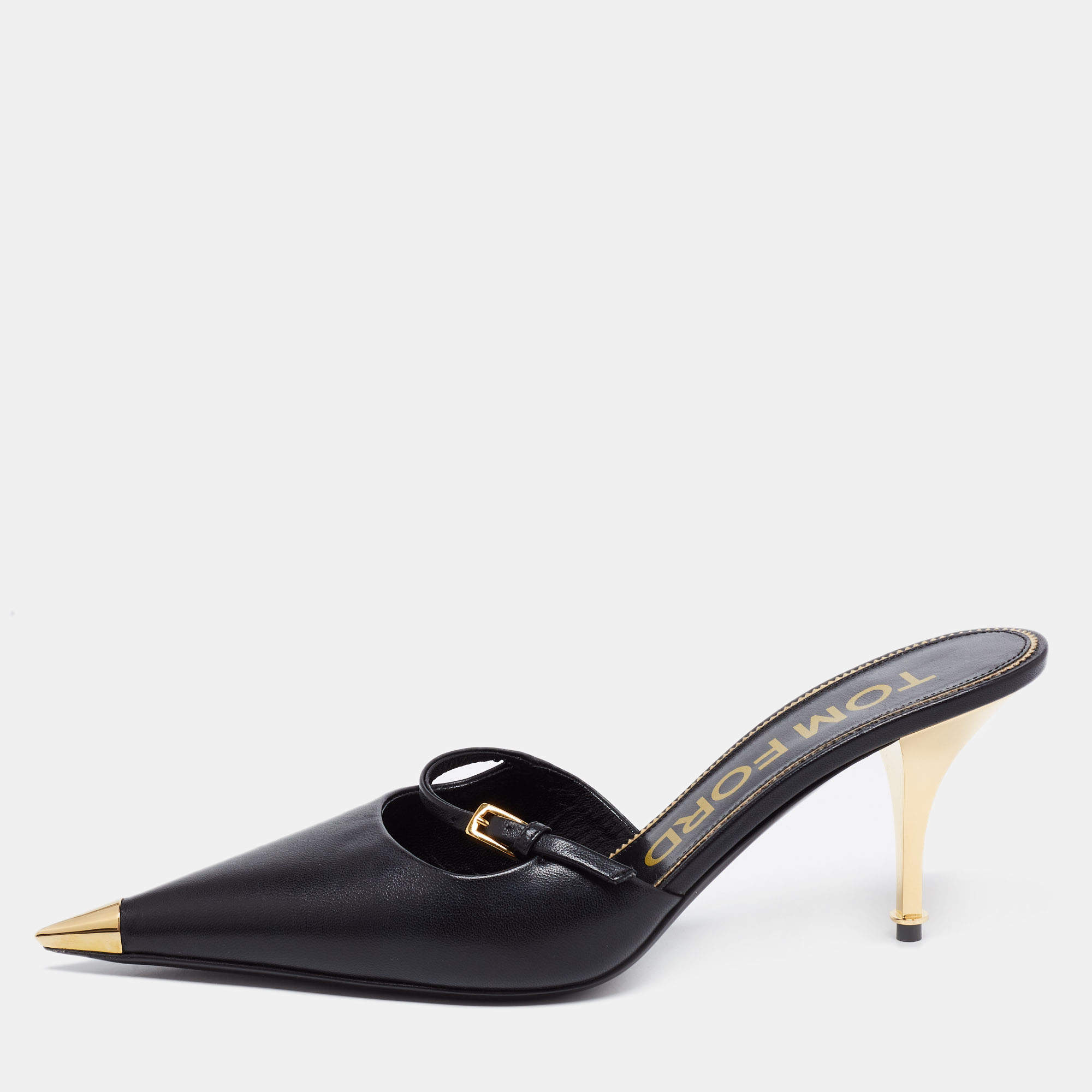 Pre Owned Tom Ford Black Leather Metal Pointed Cap Toe Mary Jane Mules Size 39