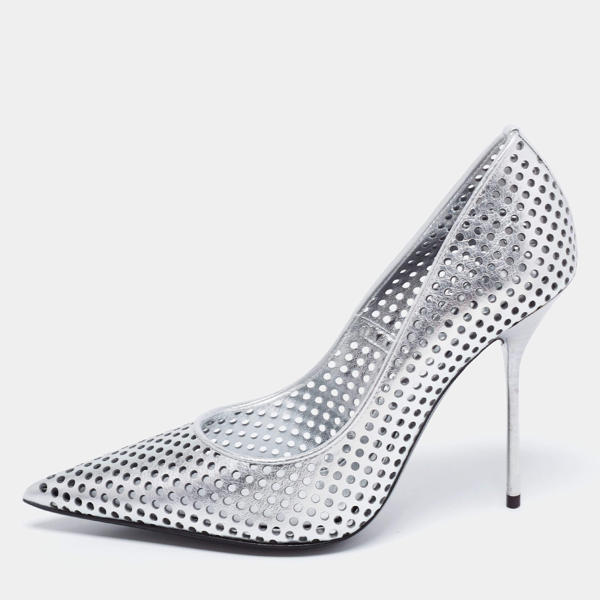 Pre Owned Tom Ford Metallic Silver Perforated Leather Pointed Toe Pumps Size 38