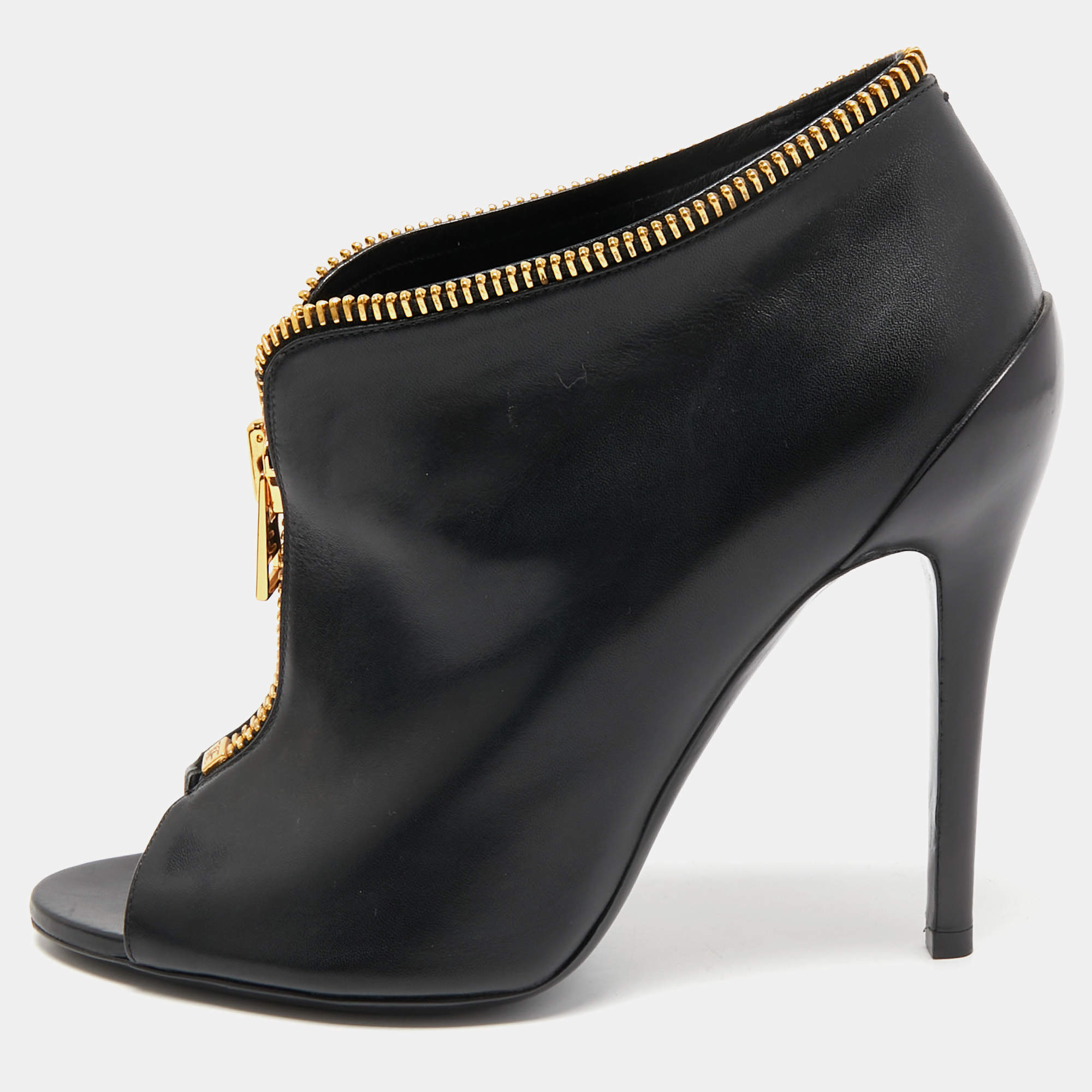 Tom Ford Black Leather Zipper Open Toe Ankle Booties Size 38