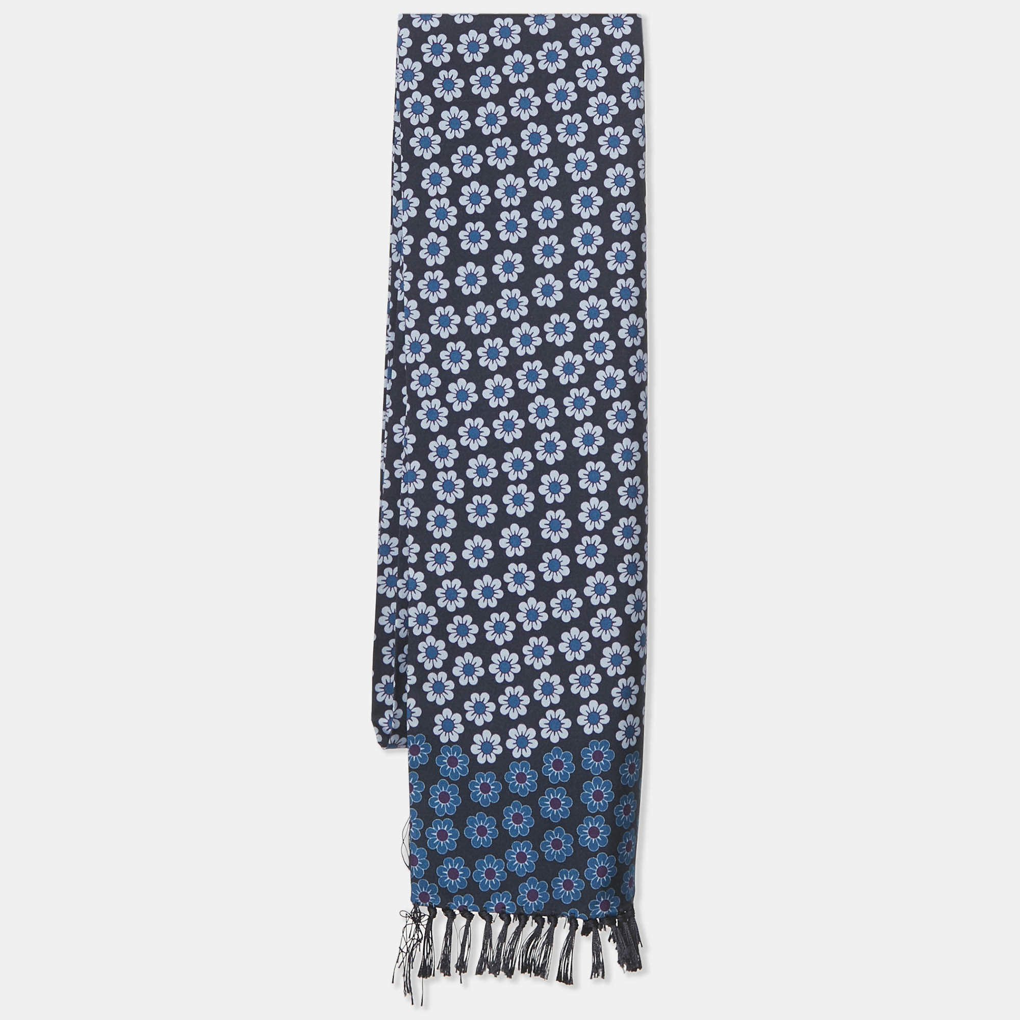 Tom Ford Blue Floral Print Silk Fringed Scarf 