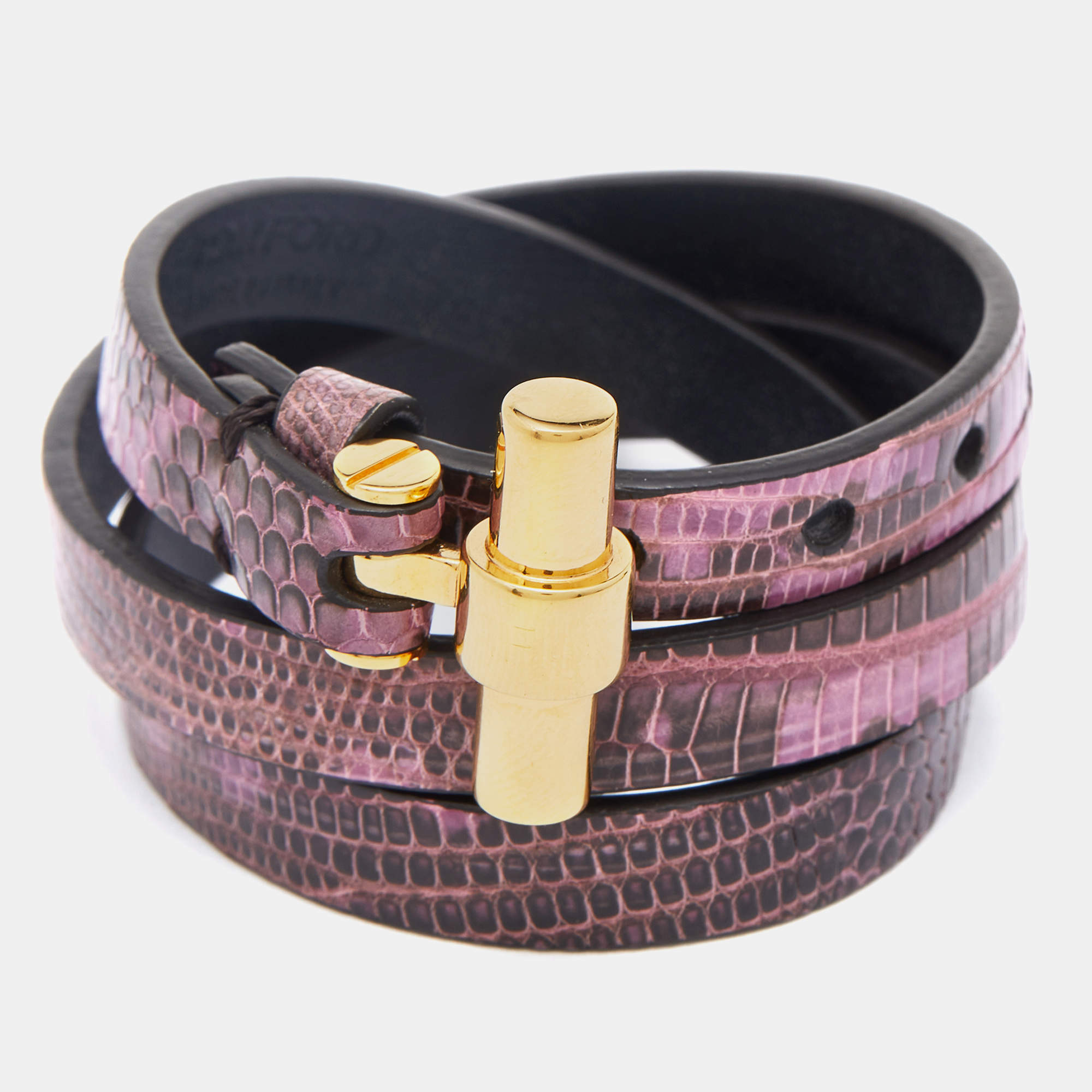 Tom Ford Purple Lizard Embossed Leather Gold Tone T Buckle Wrap Bracelet  Tom Ford | TLC