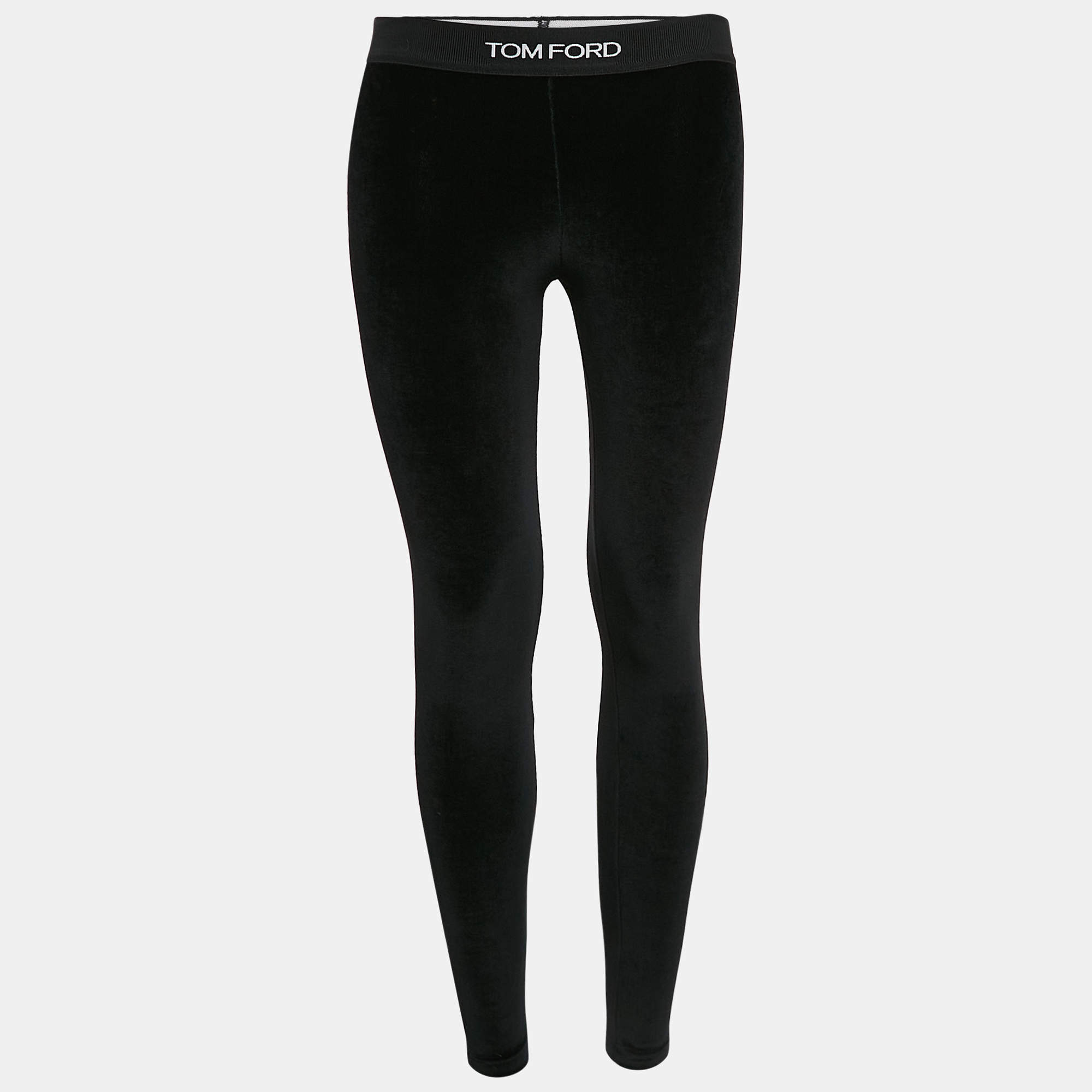 Pre Owned Tom Ford Black Velvet Jersey Logo Detail Leggings XS