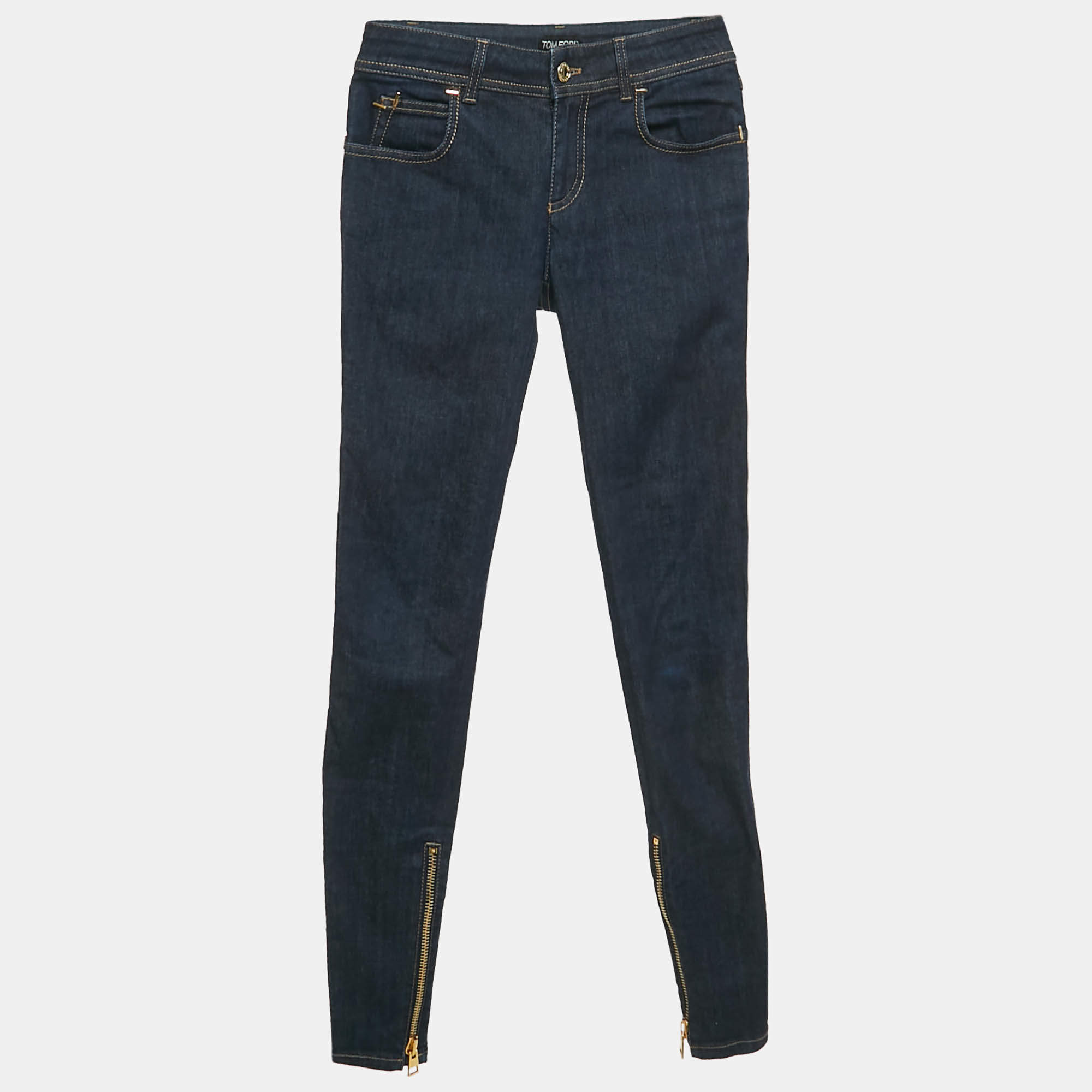 Pre Owned Tom Ford Dark Blue Denim Zipper Detail Skinny Fit Jeans M Waist 28"