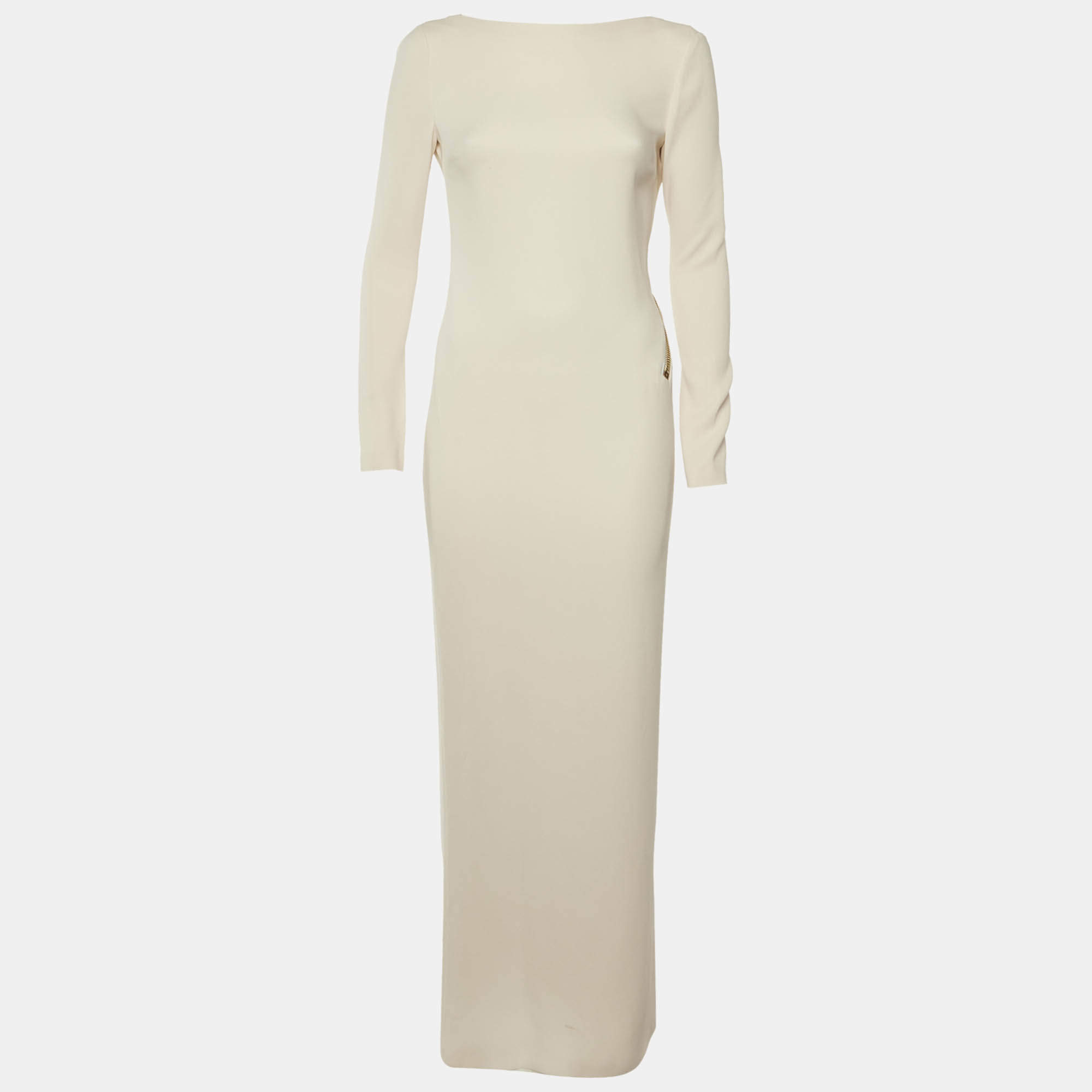 مملوكة مسبقًا فستان توم فورد كريب حرير كريمي ظهر مفتوح بتفاصيل سحاب صغير