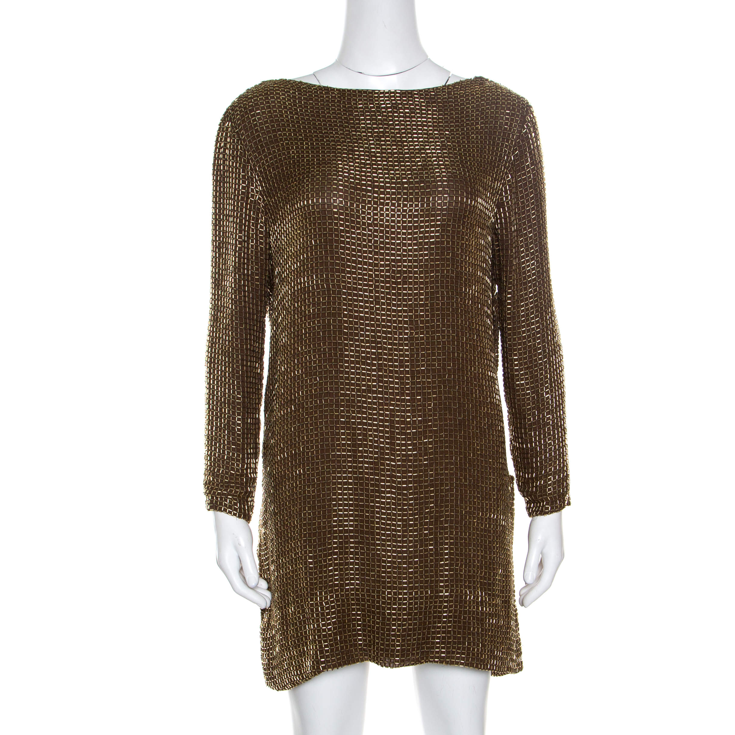 Tom Ford Brown Embellished Silk Draped Open Back Long Sleeve Dress S