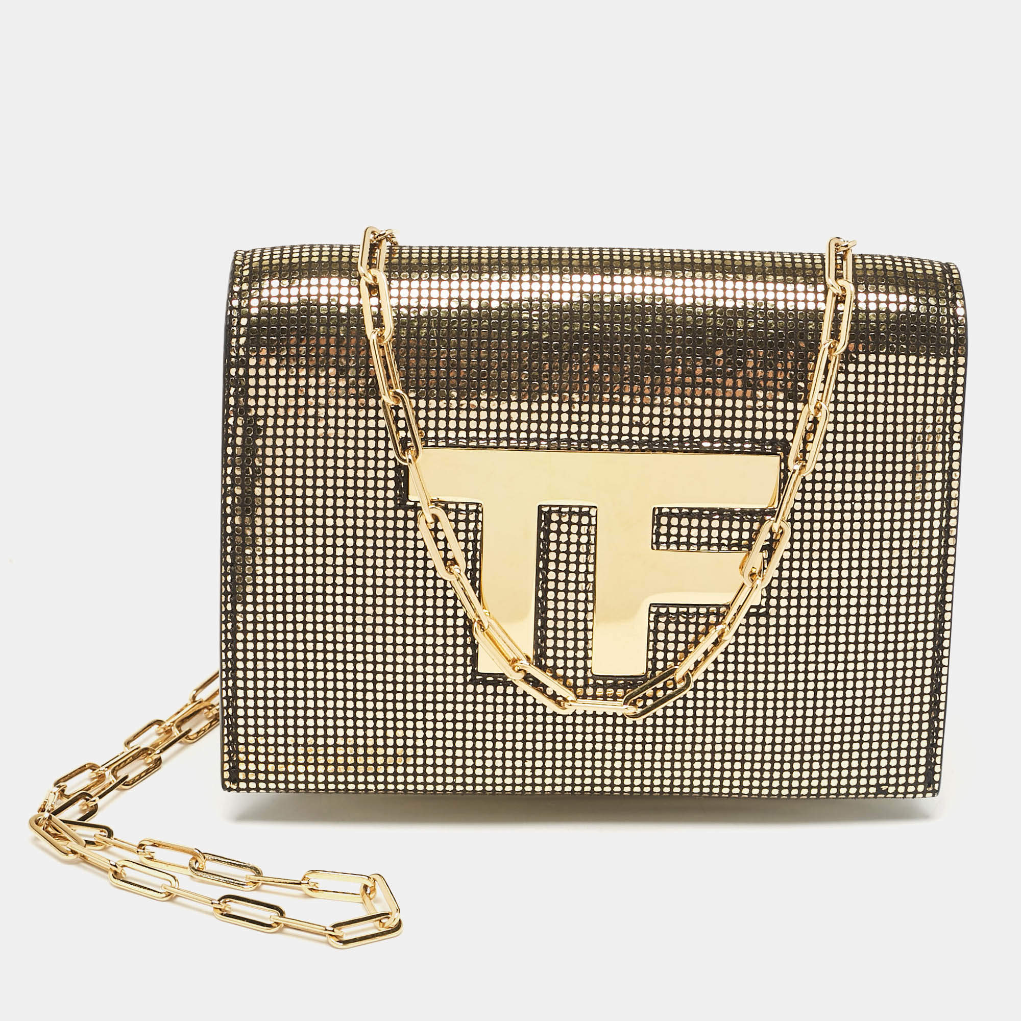 Tom Ford Gold Suede TF Flap Chain Clutch