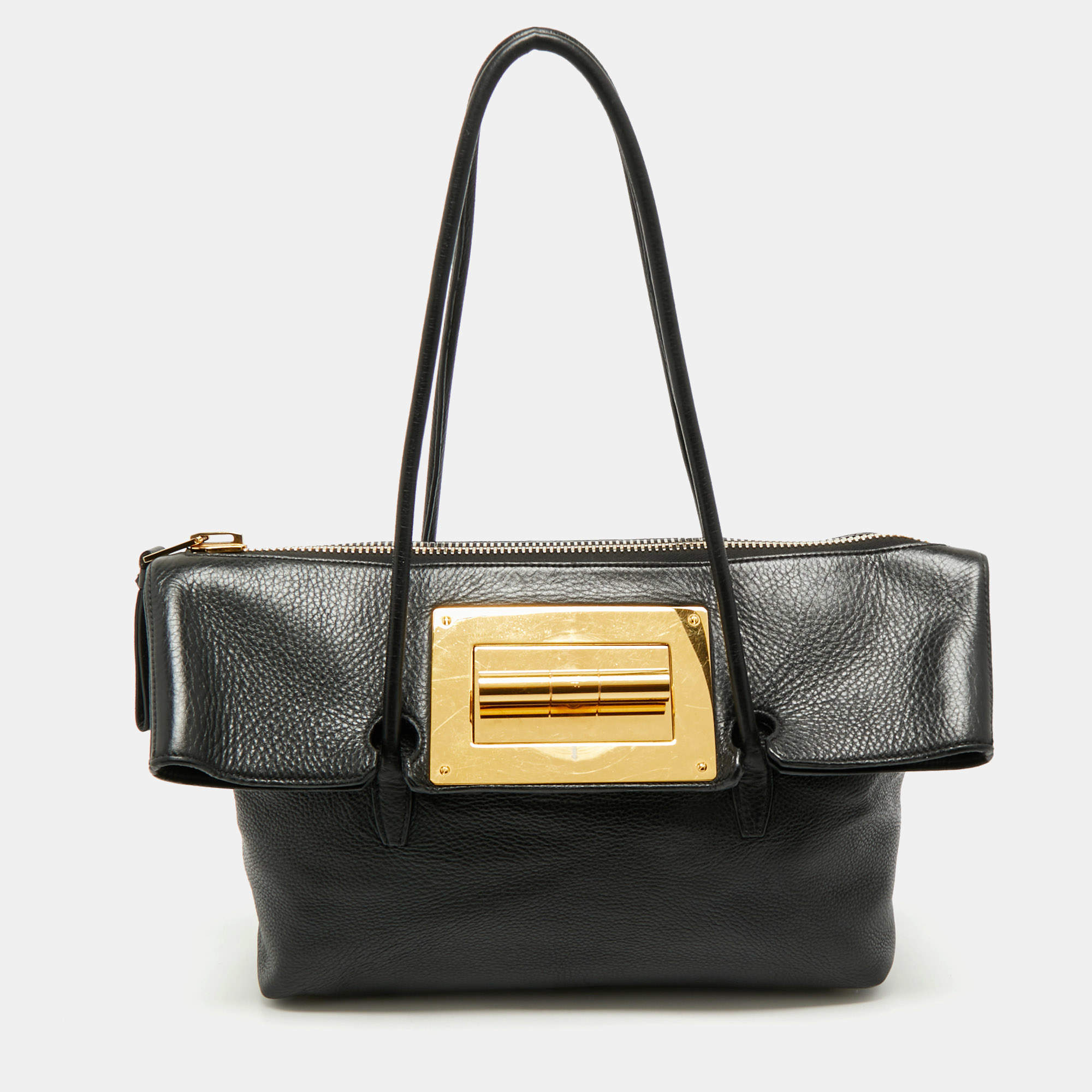 Pre Owned Tom Ford Black Leather Natalia Flap Tote