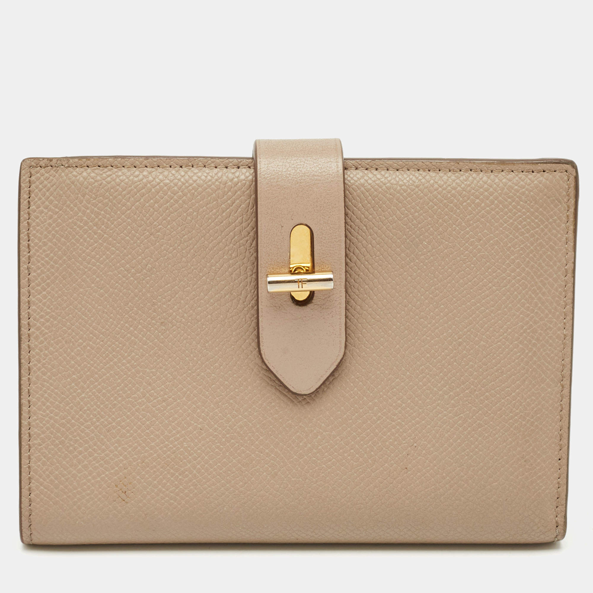 Pre Owned Tom Ford Beige Leather Turnlock Compact Wallet