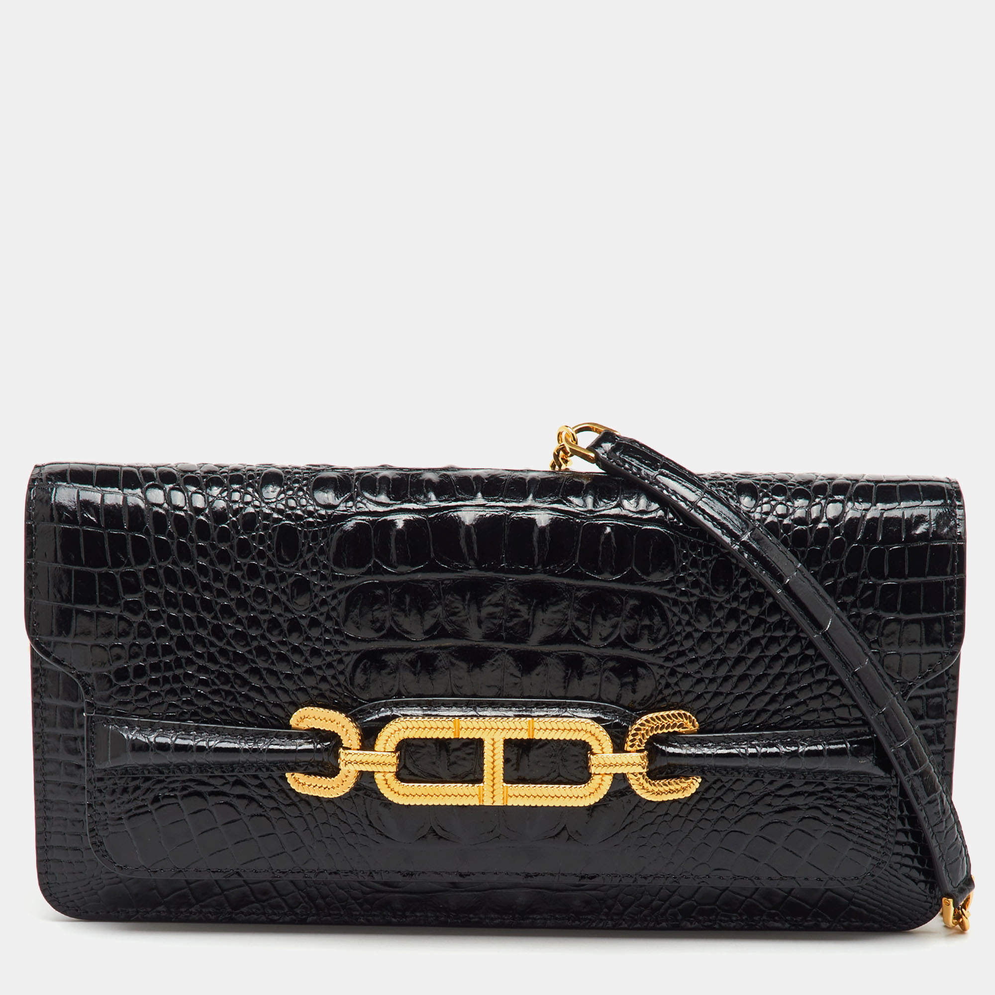 Pre Owned Tom Ford Black Croc Embossed Leather Whitney Shoulder Bag