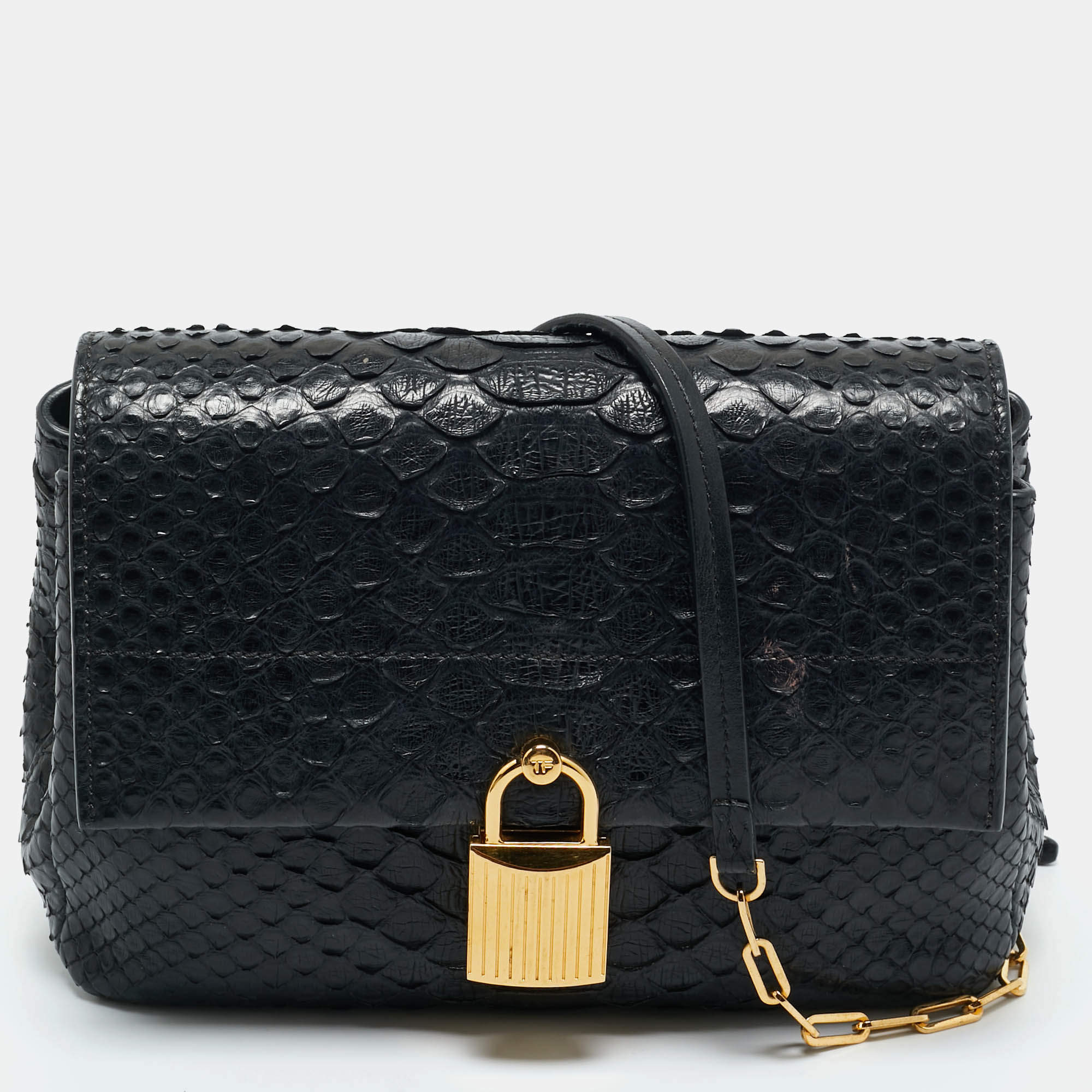 مملوكة مسبقًا Tom Ford Black Python Small Leonica Padlock Shoulder Bag