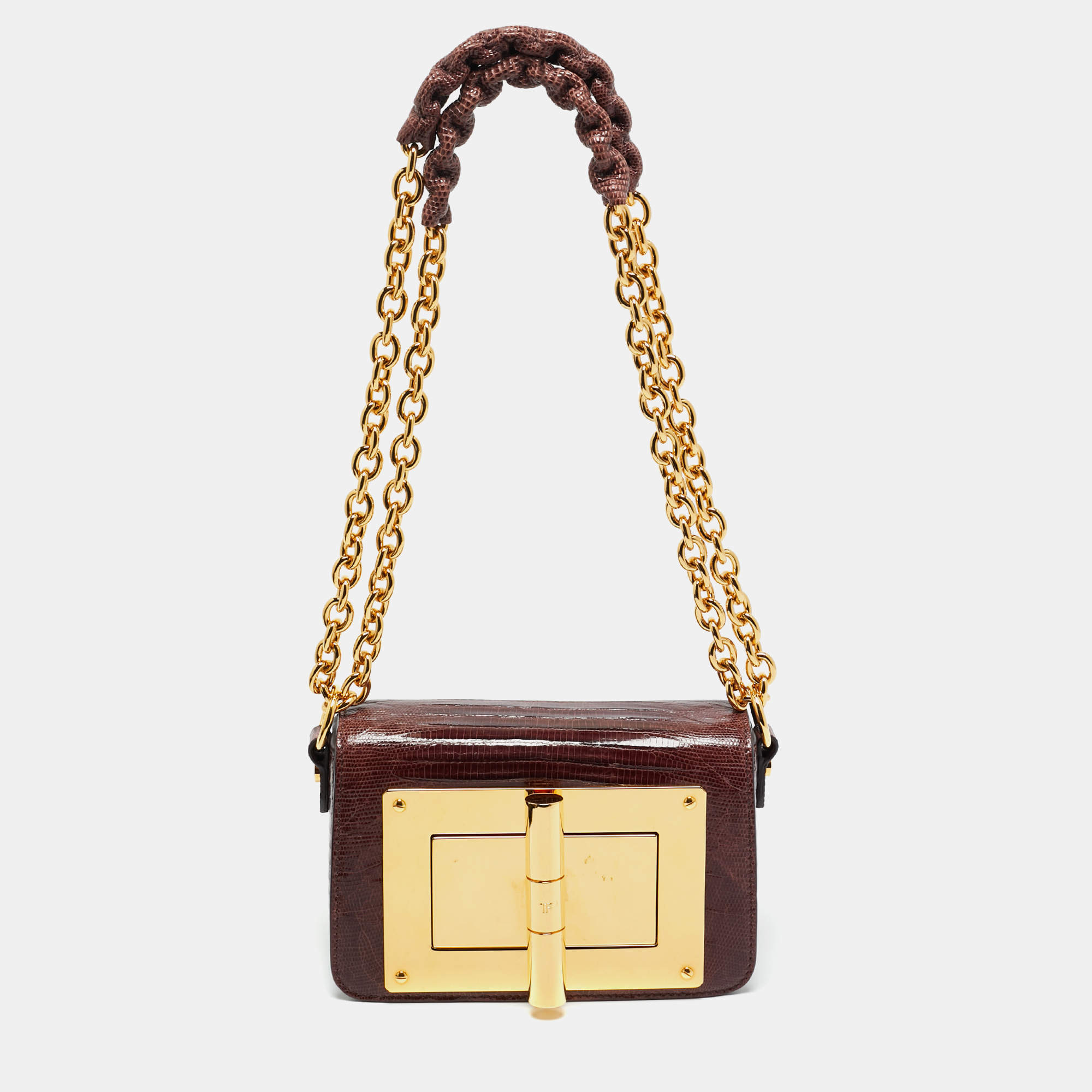 Pre Owned Tom Ford Burgundy Lizard Natalia Chain Shoulder Bag