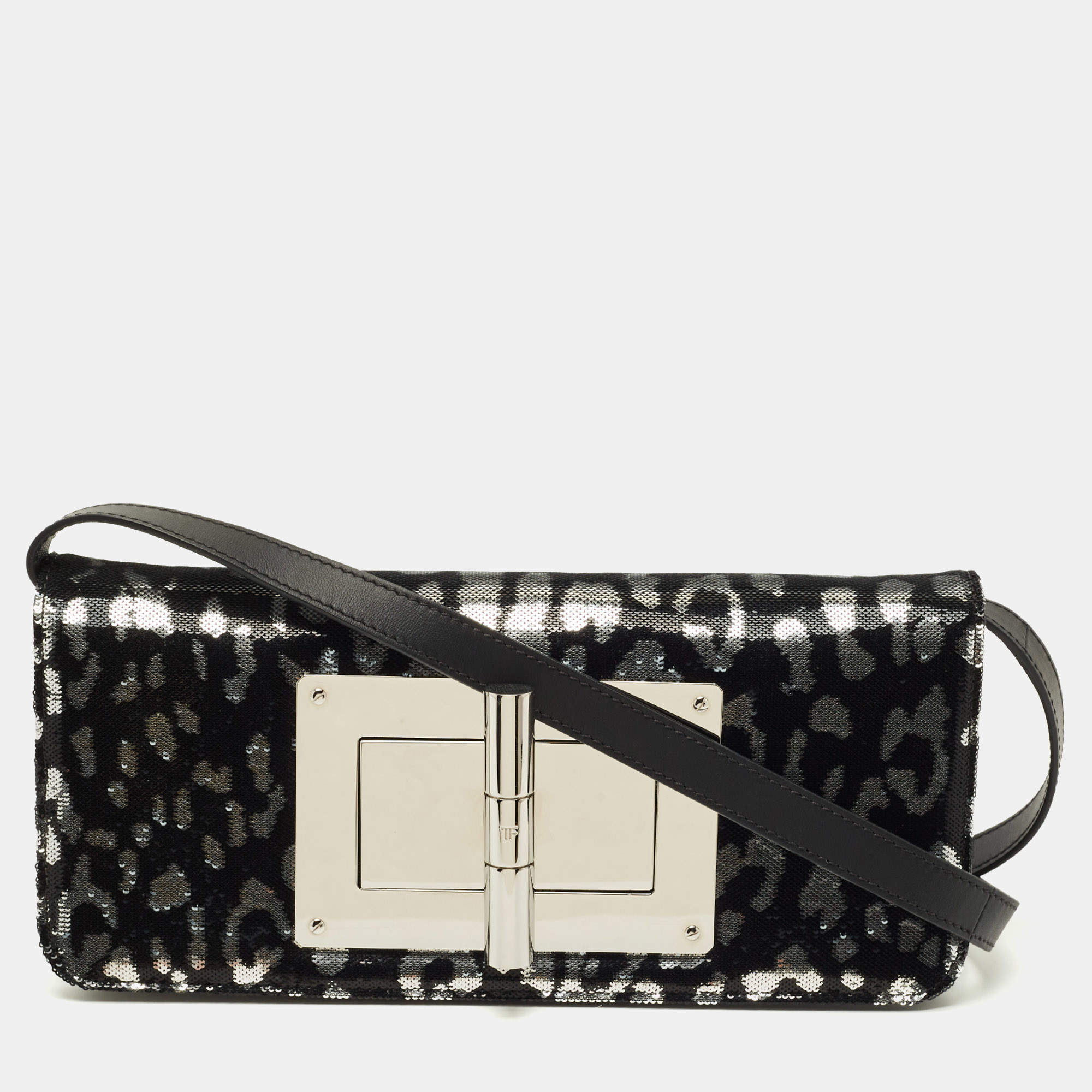 Pre Owned Tom Ford Black/Silver Leopard Print Sequins and Leather Natalia Long Clutch Bag