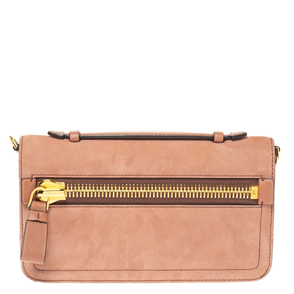 Pre Owned Tom Ford Nude Pink Suede Zip Detail Flap Clutch Bag