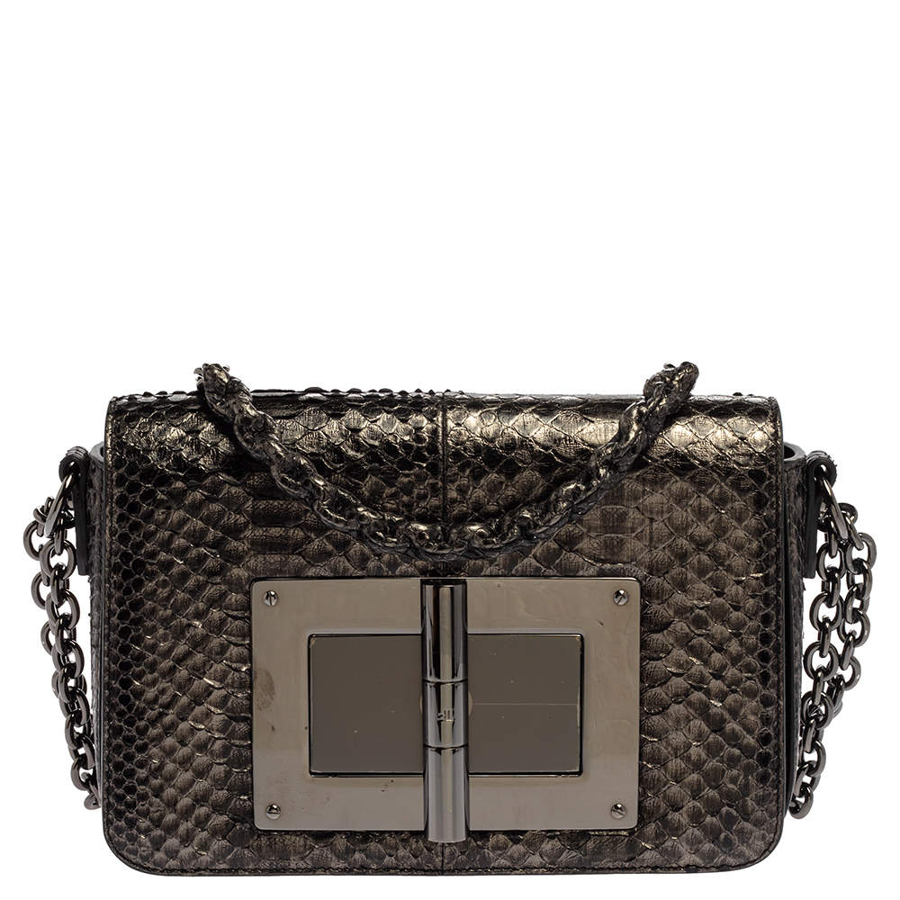 Tom Ford Metallic Silver Python Medium Natalia Chain Shoulder Bag