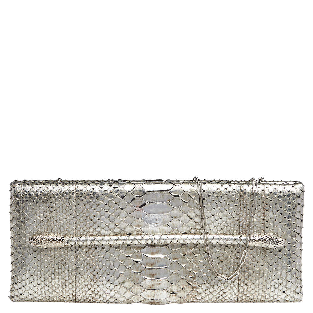 Tom Ford Metallic Silver Python Leather Frame Chain Clutch