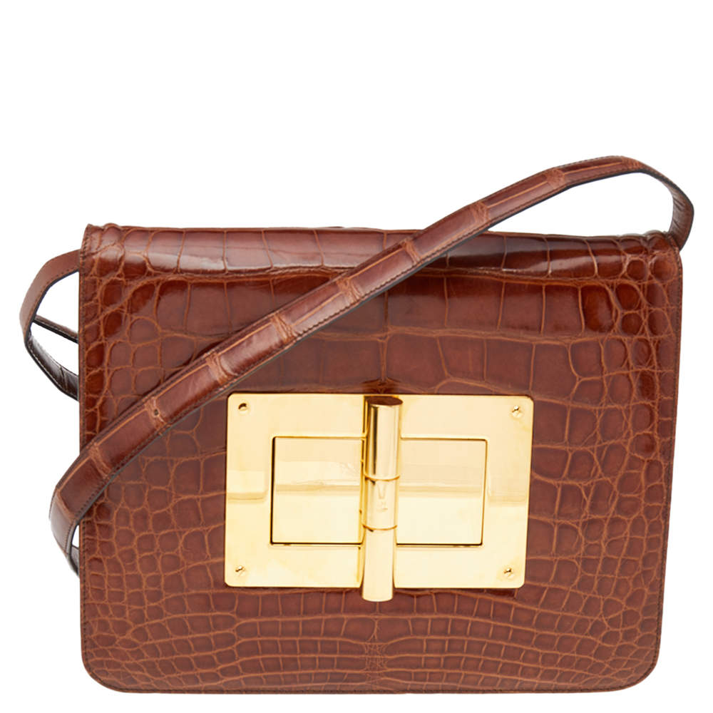 مملوكة مسبقًا Tom Ford Brown Croc Embossed Leather Large Natalia Shoulder Bag