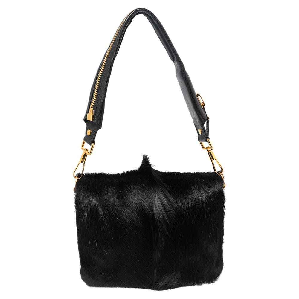 Pre Owned Tom Ford Black Pony Hair and Leather Flap Zipper Strap Shoulder Bag