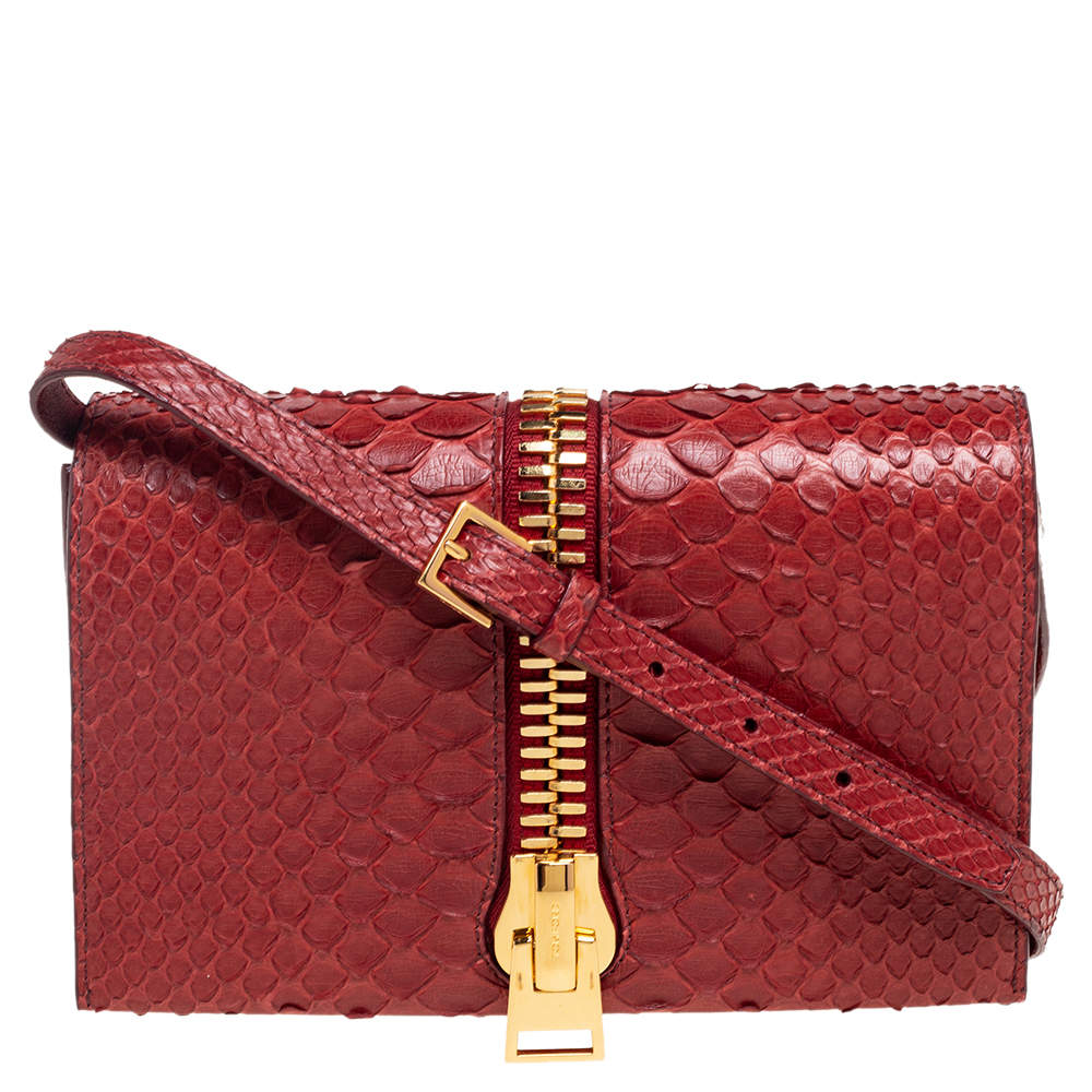 Pre Owned Tom Ford Dark Red Python Front Zip Shoulder Bag