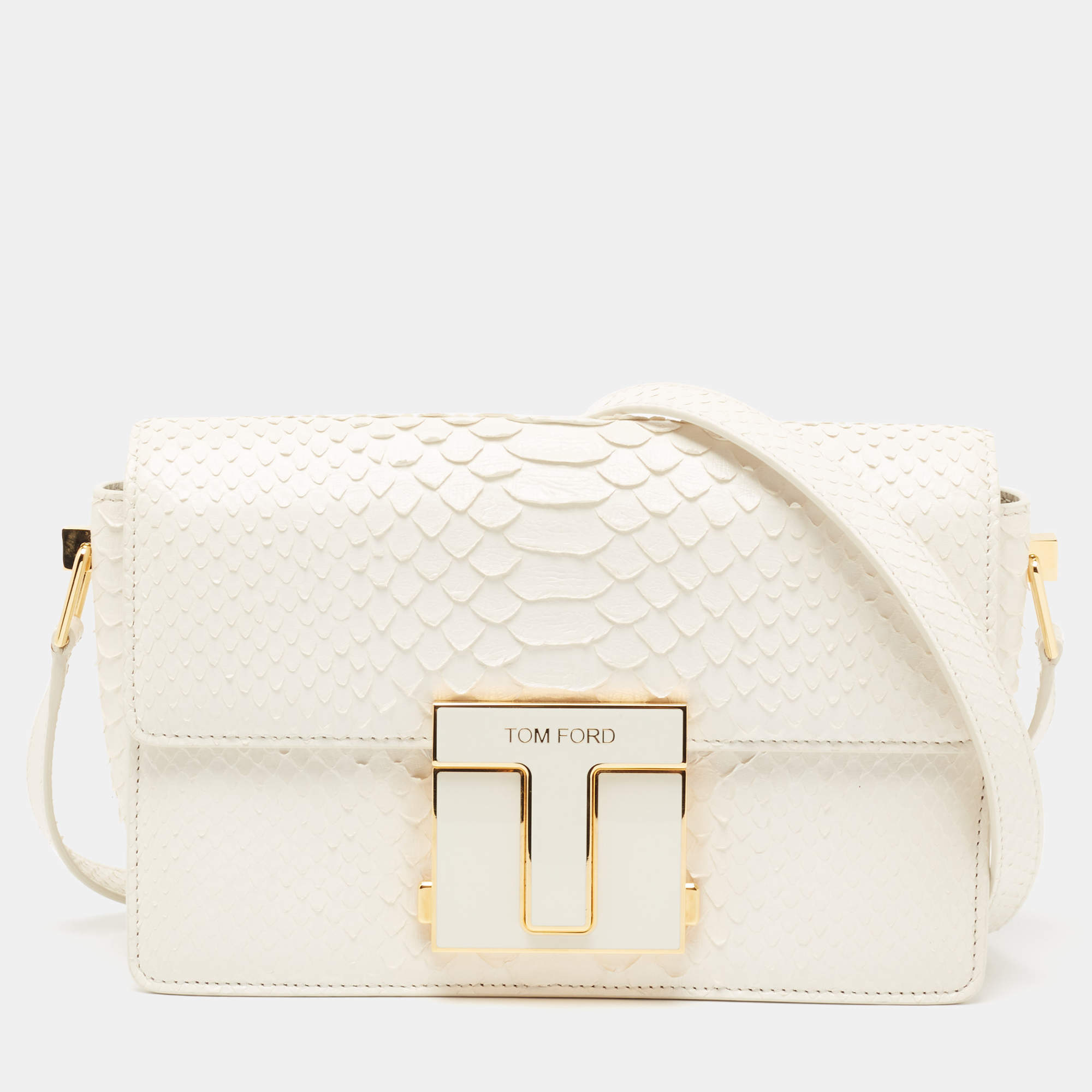 مملوكة مسبقًا Tom Ford White Python T Clasp Flap Shoulder Bag