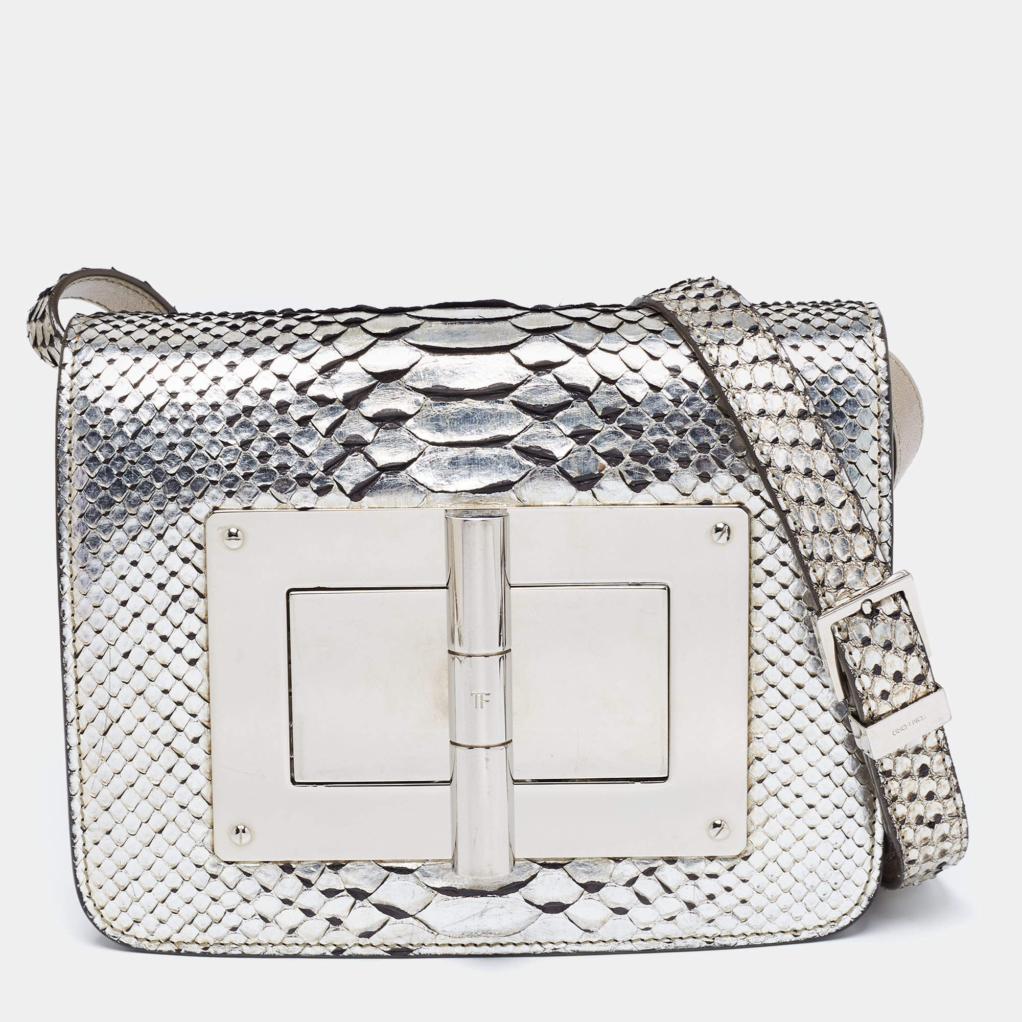 Pre Owned Tom Ford Metallic Silver Python Leather Small Natalia Crossbody Bag
