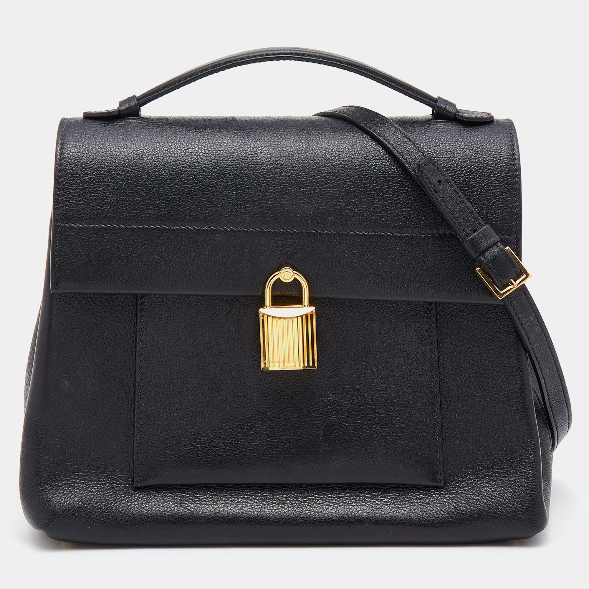 Tom Ford Black Leather Lock Flap Top Handle Bag