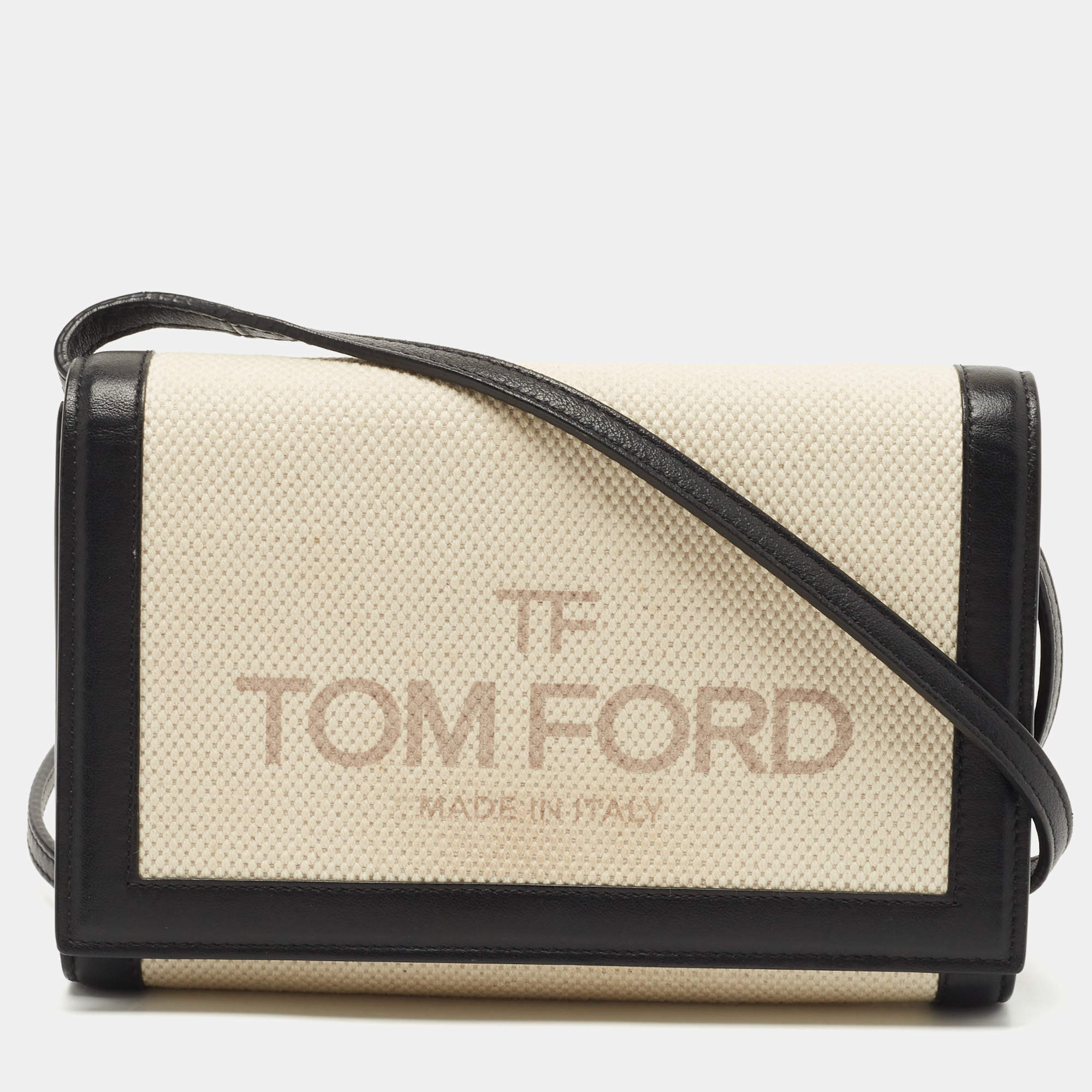 Tom Ford Black/Beige Logo Print Canvas and Leather Flap Wallet on Strap