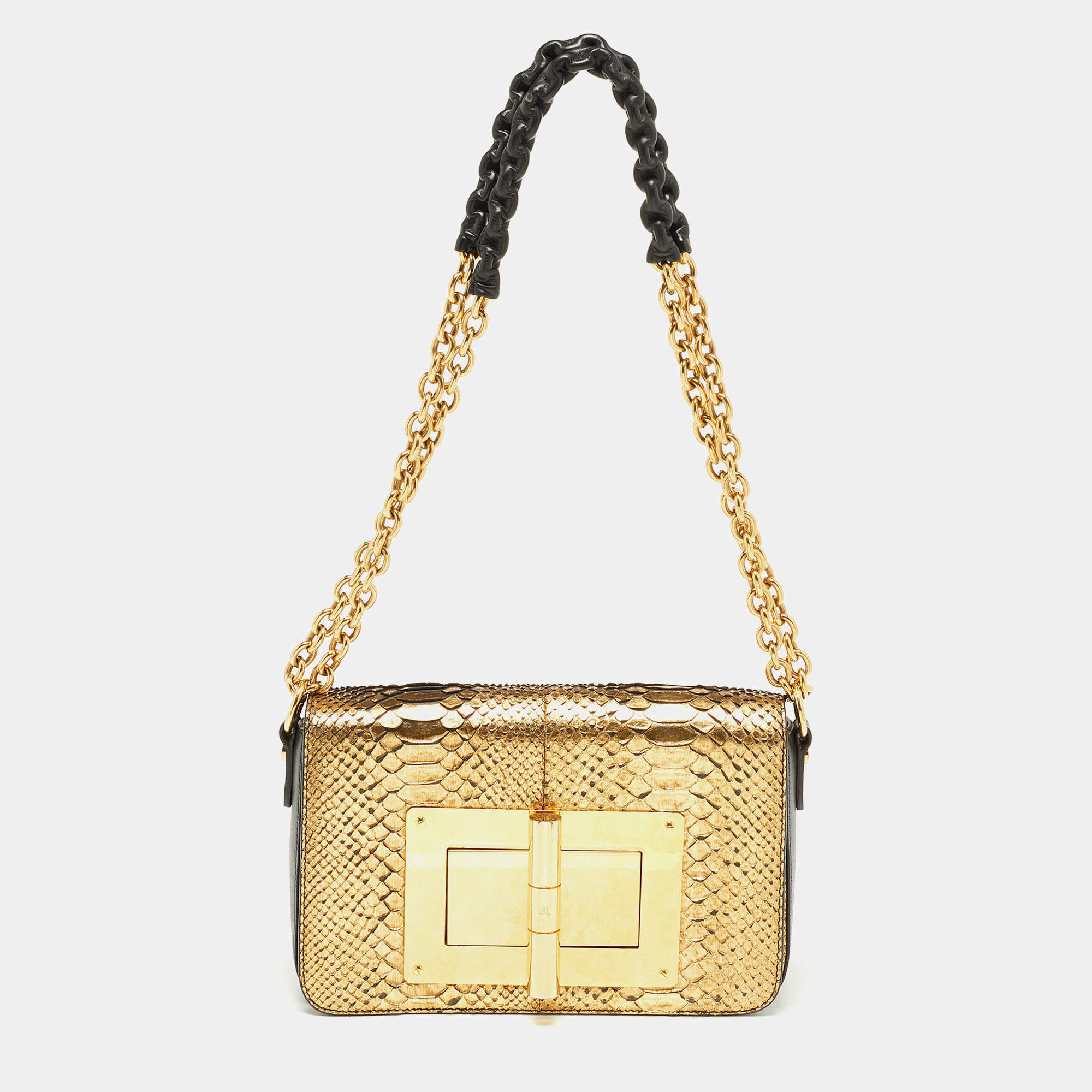 Pre Owned Tom Ford Gold Python and Leather Medium Natalia Chain Shoulder Bag