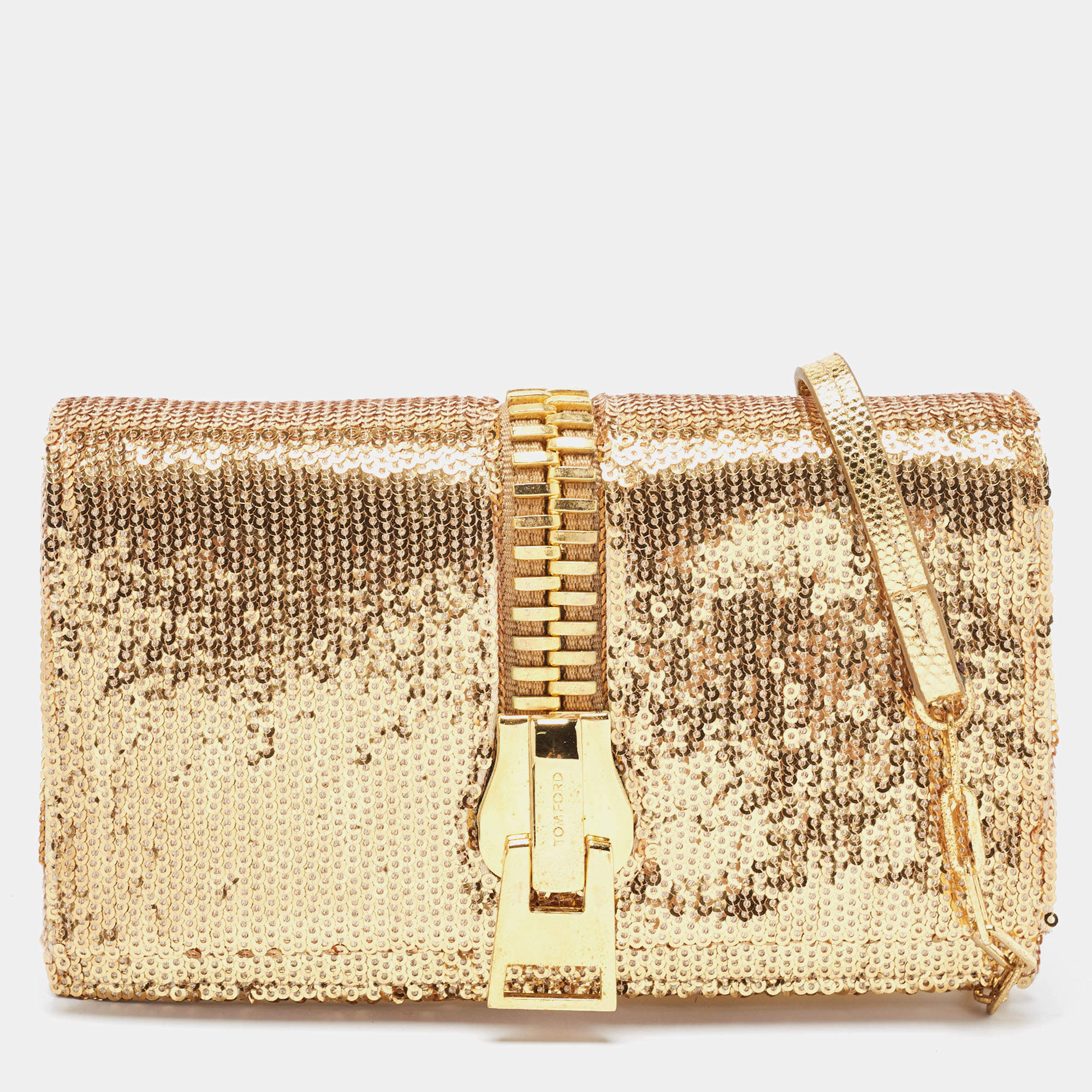 Pre Owned Tom Ford Gold Sequins and Karung Leather Mini Zip Embellished Shoulder Bag 