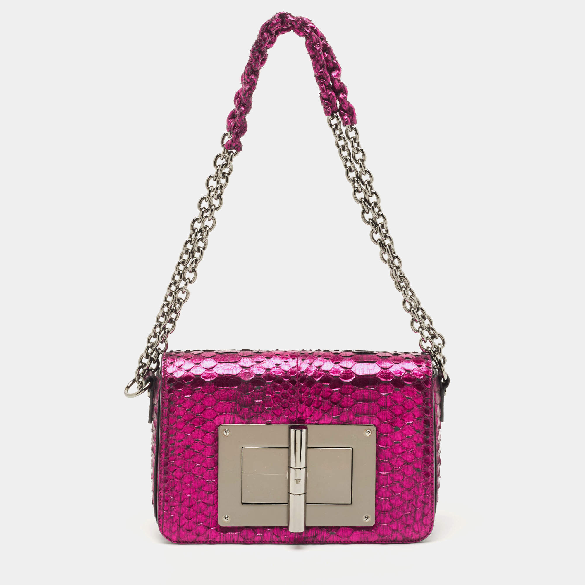 Pre Owned Tom Ford Metallic Magenta Python Medium Natalia Chain Shoulder Bag