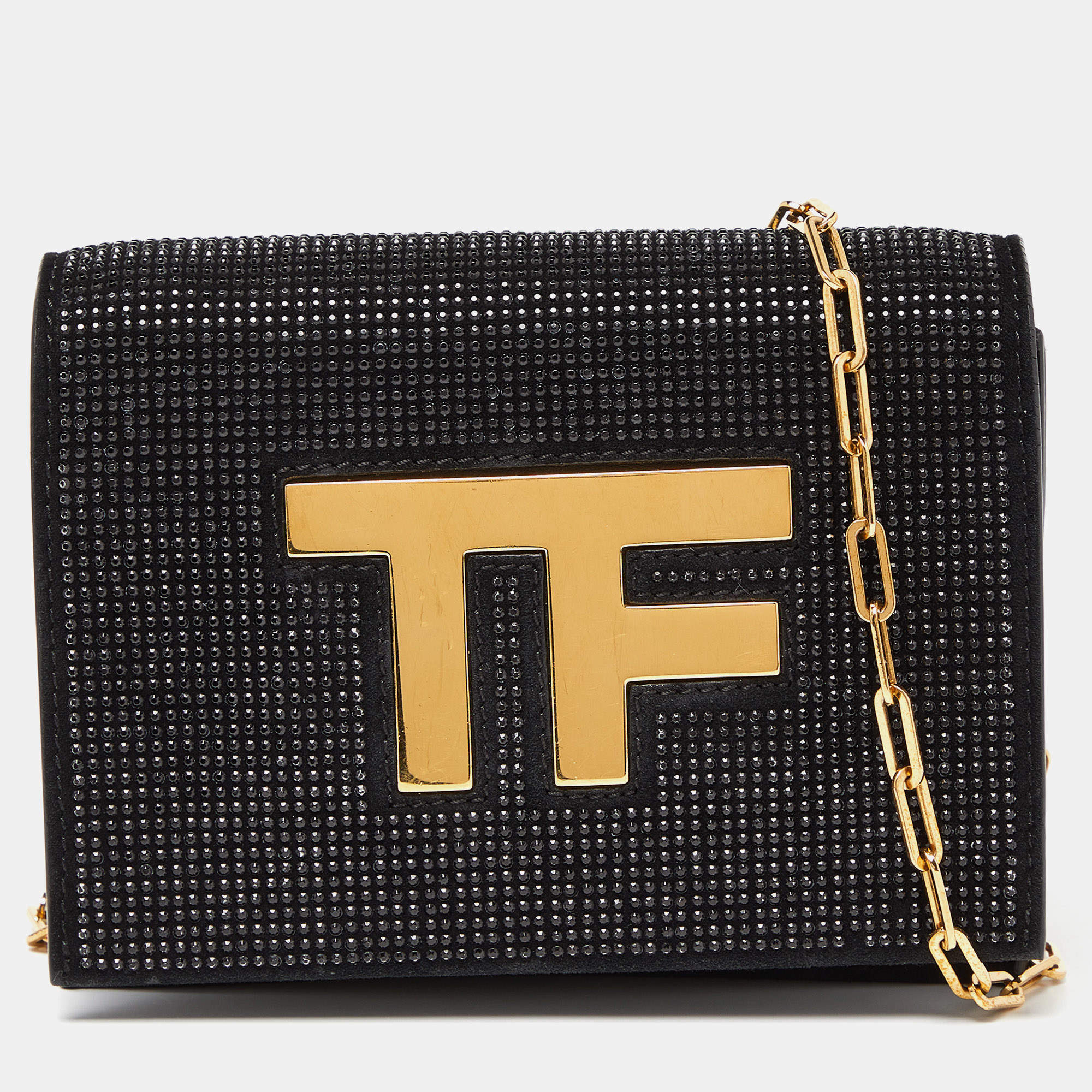 Tom Ford Black Suede Crystal Embellished TF Shoulder Bag
