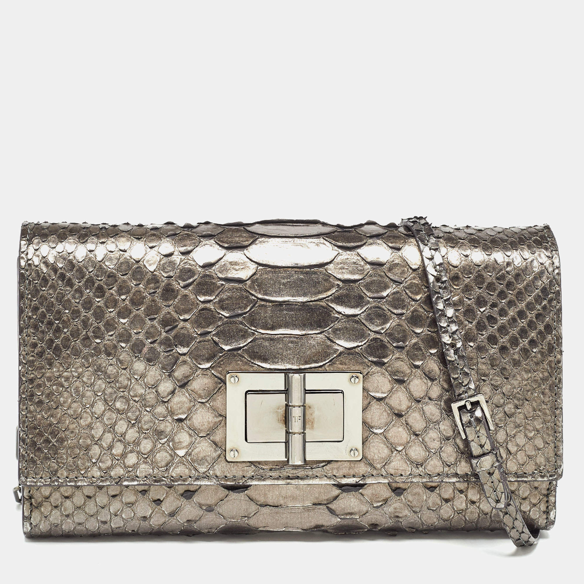 Tom Ford Metallic Grey Python Chain Clutch