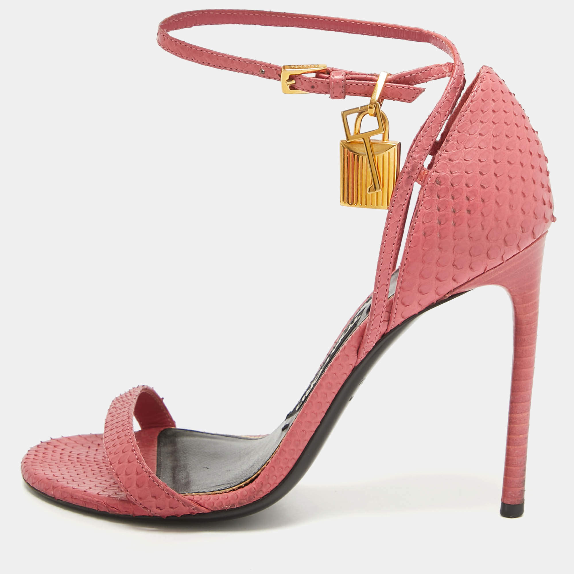 Tom Ford Pink Python Padlock Ankle Strap Sandals Size 37