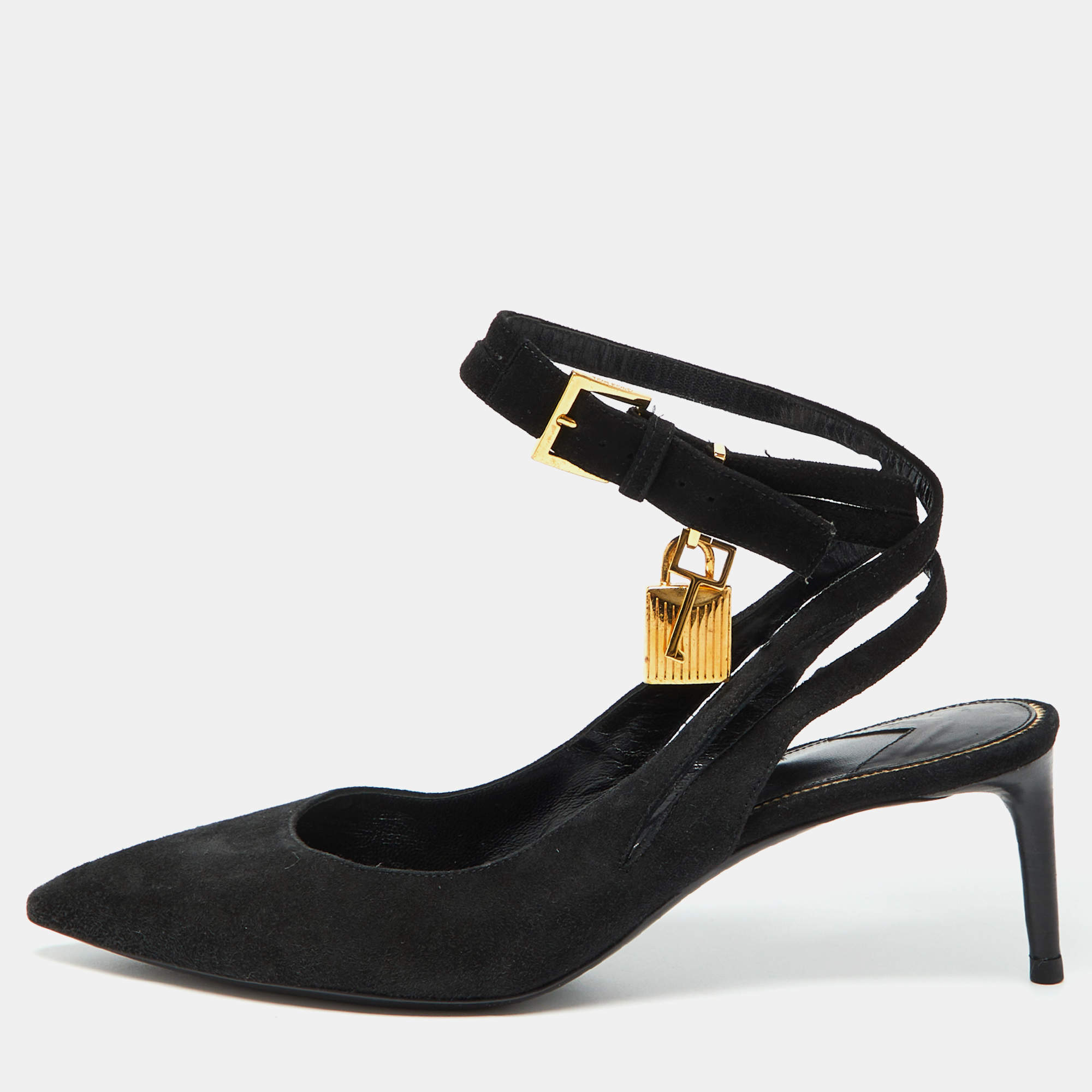 Tom Ford Black Suede Padlock Slingback Pumps Size 37.5