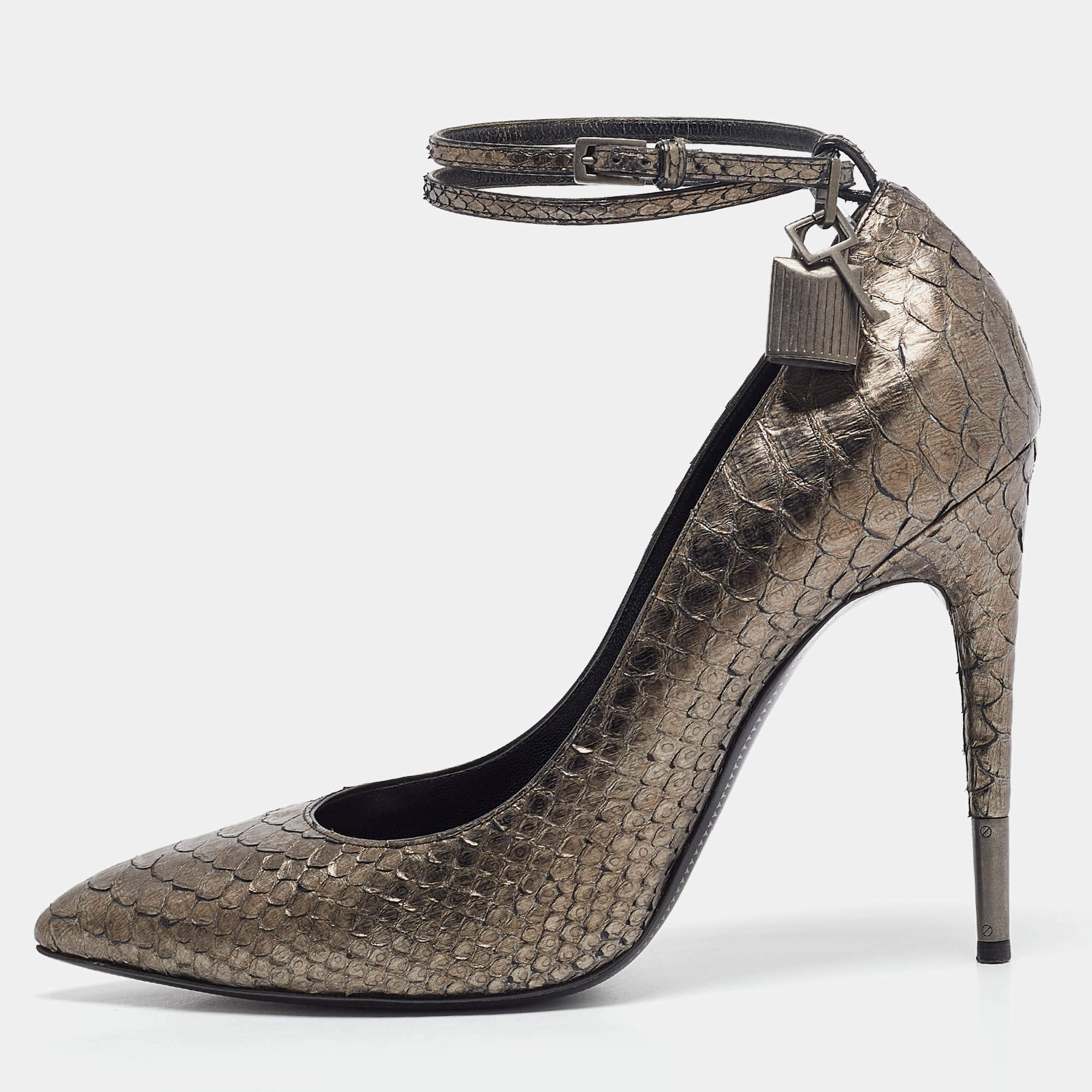 Tom Ford Metallic Grey Python Padlock Ankle Wrap Pumps Size 41.5