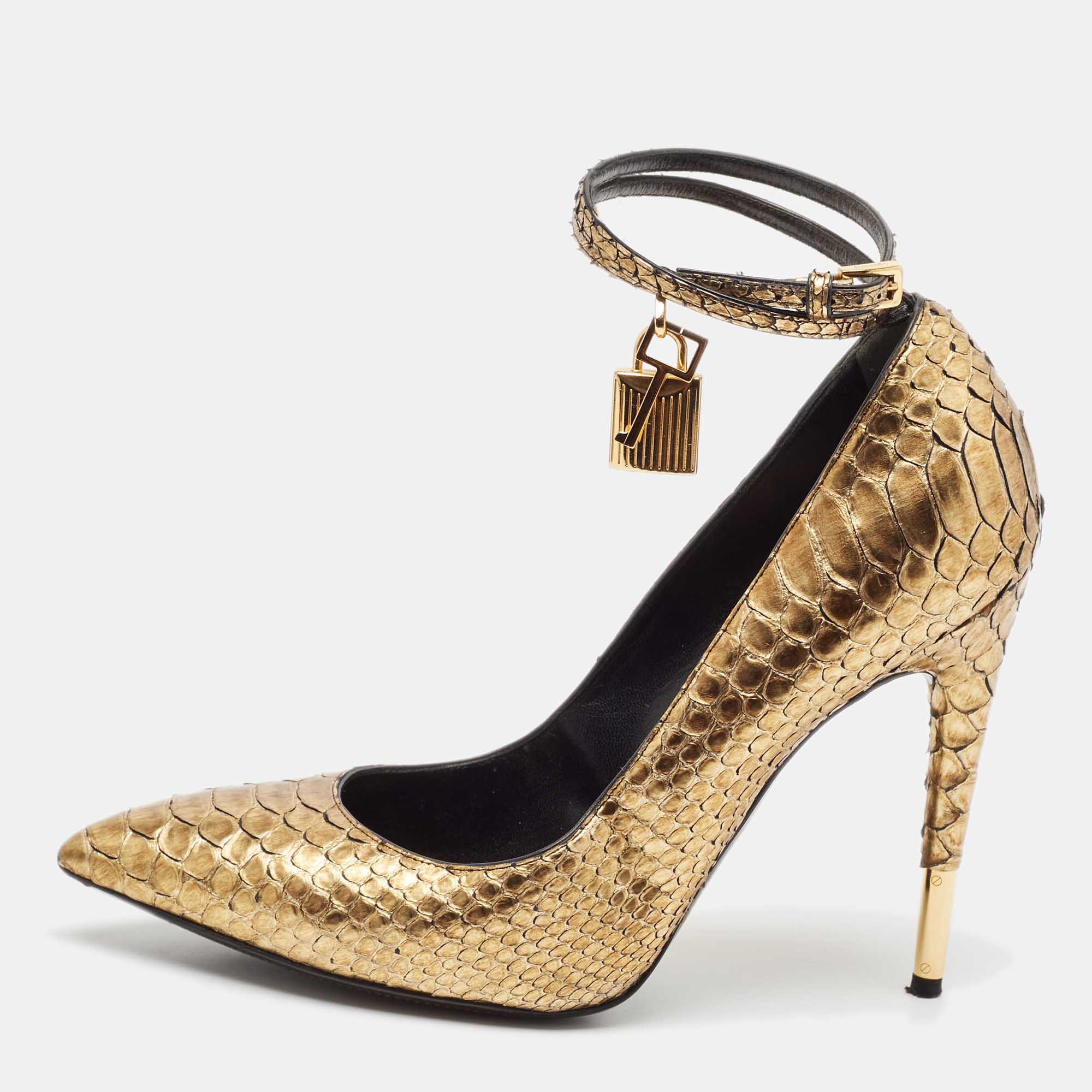 Tom Ford Gold Python Leather Padlock Pumps Size 40