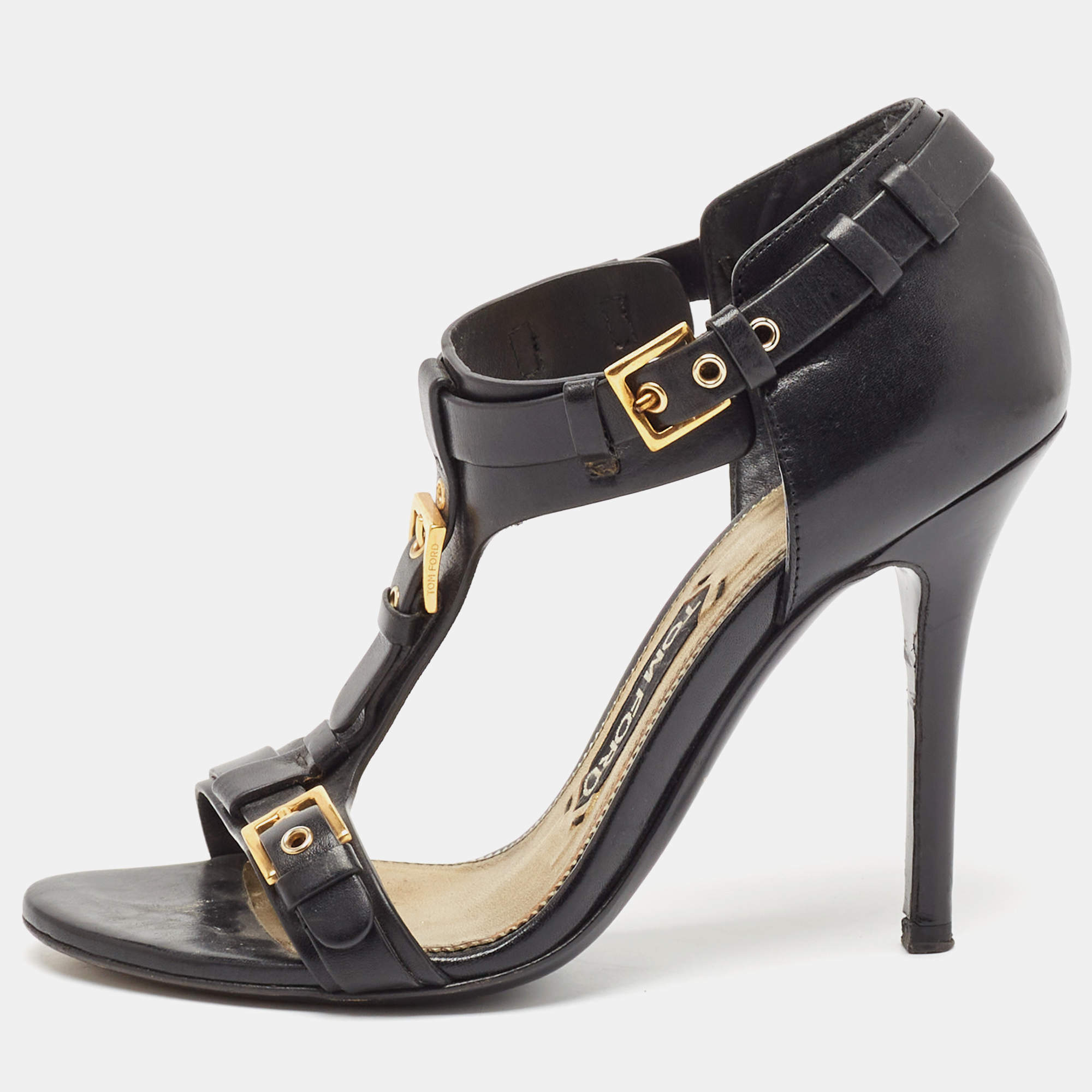 Pre Owned Tom Ford Black Leather Buckle Detail T-Strap Sandals Size 36