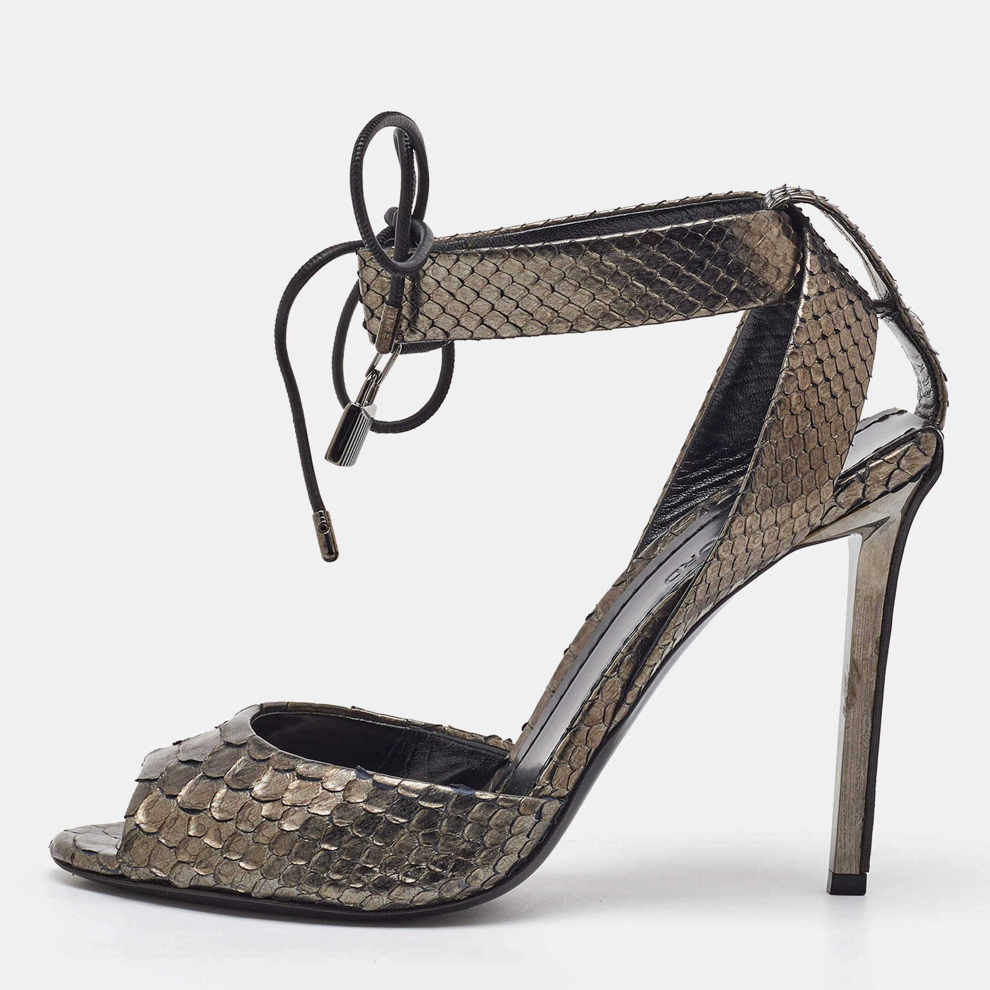 Pre Owned Tom Ford Metallic Grey Python Lock Ankle Strap Sandals Size 39.5